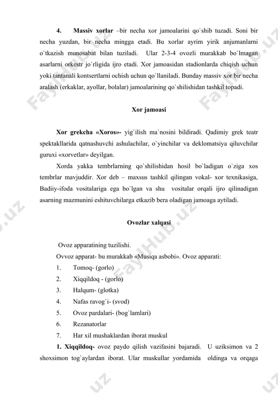 ttalar ovozi ikki xil bo`ladi. lirik va dramatik xordagi ovozlar: lirik- ovoz mayin, yumshoq bo`ladi. dramatik – jarangli, kuchli bo`ladi. qo`shma har-xil ovozlar ham bo`ladi. foydalanilgan adabiyotlar: 1. gudkova e.a «uzbekskaya xorovaya literatura». t. 1974. 2. ro`ziev sh «xorshunoslik». t. 1990. 3. o`zbek musiqa tarixi. t.1981. tuzuvchi: solomonova t. e.