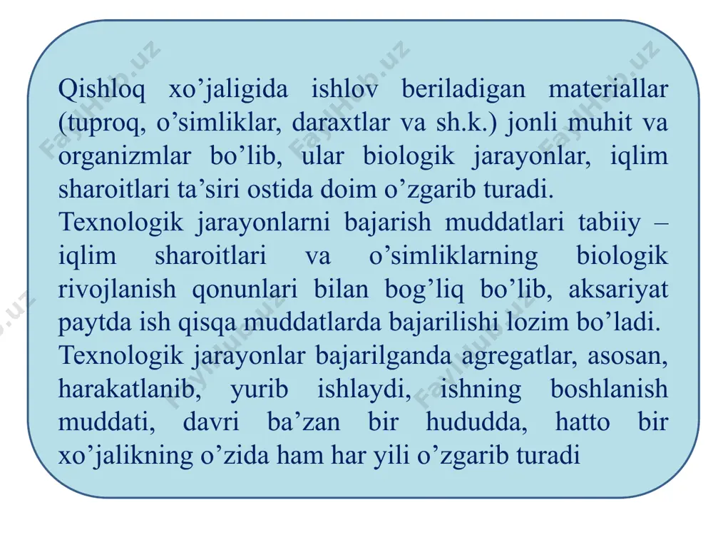 rsatadigan asosiy omillardan biri bo’lib, ularni asosan quyidagicha ifodalash mumkin: ● biologik omillar: urug’ning sifati, navi va xususiyati, berilgan ishlov turlari, maydonning holati va joylashuvi; ● tuproqlar - iqlim omillari: tuproqning turi, tarkibi va xossasi, yog’in yog’ish muddati va miqdori, havo harorati, yil davomida oftobli kunlar soni, asosiy shamolning yo’nalishi va kuchi; ● agrotexnik omillar: mashina-traktor agregatining ish­lov beriladigan materialga ta’siri, agregatning to’g’ri chiziq bo’ylab harakatlanishi, o’g’it va urug’larning bir xil chuqurlikka tashlanishi, texnologik jarayonning optimal vaqtda o’tkazilishi, hosildorlik darajasi va uning holati; ● texnologik omillar: konstruktiv, ishlash jarayonidagi mta ning texnologiyani bajarishga moslanganligi, ekspluatatsion ko’rsatkichlari. mashina va traktor konstruktsiyasining moslanganligi, bazasi, g’ildiraklar oralig’i, og’irlik markazining joylashishi, massasining tayanch g’ildiraklarga taqsimlanishi, yetaklovchi g’ildirak va yulduzchalarning diametri, qamrash kengligi, ishchi orgonlarning sozlanish chegarasi, sifati va yemirilishga qarshilik ko’rsatish qobiliyati darajasi. ● ekspluatatsion ko’rsatkichlari mta ning ishlash jarayonida aniqlanadi: texnik holati, sozlanishning boshlang’ich va joriy aniqligi, harakat tezligi va tur­g’unligi, agregat harakatining …