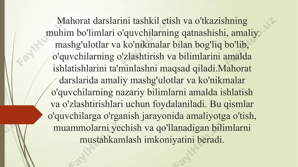 ri muhim. 5. ko'nikmalar va amaliy mashg'ulotlar: mahorat darslarida ko'nikmalar va amaliy mashg'ulotlar o'quvchilarga nazariy bilimlarni amalda ishlatishga imkon beradigan va o'quvchilarning o'zlashtirishini ta'minlaydigan muhim qismlardir. amaliy mashg'ulotlar o'quvchilarning o'z bilimlarini sinash, amalda qo'llash va muammo yechishga mashg'ul bo'lishlari imkoniyatini beradi. 6. baholash va qirollik: mahorat darslaridan so'ng o'quvchilarni baholash va qirollik usullarini belgilash lozim. bu o'quvchilarning o'z bilimlarini baholash, o'rganganlarni mustahkamlash va o'quv jarayonida qanday o'zlashtirishlarini aniqlashga yordam beradi. mahorat darslarida amaliy mashg'ulotlar va ko'nikmalar o'quvchilarni o'zlashtirish jarayonida bir-biriga bog'liq bo'lib, o'quvchilarning nazariy bilimlarni amalda ishlatish va o'z fikrlarini ifodalash imkoniyatini beradi. bu usullar o'quvchilarning o'zlarini o'rganish jarayonida ishtirok etishini, aktivliklarini oshirish va o'zlashtirishni rag'batlantirish imkonini beradi. ularning joriy holatda o'rgangan bilimlarni amalda qo'llash, tahlil qilish, masalalar yechish va ijodiylik qilish imkonini beradi. /docprops/thumbnail.jpeg