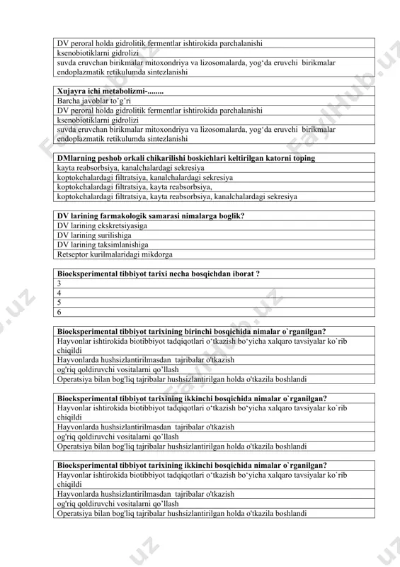 vaqt davomida tozalangan plazma xajmi, ml. maksimal konsentratsiya erishish davri organizmda dori moddalarni teng tahsimlanishi uchun zarur bo‘lgan nisbiy suyuqlik xajmi. organizmdagi biologik to‘siqlar keltirilgan katorni toping gematoensefalik to‘siq, gematooftalmologik to‘siq, burun tuklari gematoensefalik to‘siq, gematooftalmologik to‘siq, gistogematik to‘siq, plasentar to‘siq- gematoensefalik to‘siq, gematooftalmologik to‘siq, teri koplamasi gematoensefalik to‘siq, plasentar to‘siq kuz shox pardasi enteral metabolizm-............... barcha javoblar to’g’ri dv peroral holda gidrolitik fermentlar ishtirokida parchalanishi ksenobiotiklarni gidrolizi suvda eruvchan birikmalar mitoxondriya va lizosomalarda, yog‘da eruvchi birikmalar endoplazmatik retikulumda sintezlanishi xujayra ichi metabolizmi-........ barcha javoblar to’g’ri dv peroral holda gidrolitik fermentlar ishtirokida parchalanishi ksenobiotiklarni gidrolizi suvda eruvchan birikmalar mitoxondriya va lizosomalarda, yog‘da eruvchi birikmalar endoplazmatik retikulumda sintezlanishi dmlarning peshob orkali chikarilishi boskichlari keltirilgan katorni toping kayta reabsorbsiya, kanalchalardagi sekresiya koptokchalardagi filtratsiya, kanalchalardagi sekresiya koptokchalardagi filtratsiya, kayta reabsorbsiya, koptokchalardagi filtratsiya, kayta reabsorbsiya, kanalchalardagi sekresiya dv larining farmakologik samarasi nimalarga boglik? dv larining ekskretsiyasiga dv larining surilishiga dv larining taksimlanishiga retseptor kurilmalaridagi …