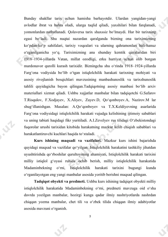 falari. mazkur kurs ishini bajarishda quyidagi maqsad va vazifalar qo‘yilgan: istiqlolchilik harakatini tashkiliy jihatdan uyushtirishda qo‘rboshilar qurultoyining ahamiyati, istiqlolchilik harakati tarixini milliy istiqlol g‘oyasi ruhida ochib berish, milliy istiqlolchilik harakatida madaminbekning o‘rni, istiqlolchilik harakati tarixini bugungi kunda o‘rganilayotgan eng yangi manbalar asosida yoritib berishni maqsad qilingan. tadqiqot obyekti va predmeti. ushbu kurs ishining tadqiqot obyekti milliy istiqlolchilik harakatida madaminbekning o‘rni, predmeti mavzuga oid o‘sha davrda yozilgan manbalar, hozirgi kunga qadar ilmiy nashriyotlarda nashrdan chiqqan yozma manbalar, chet tili va o‘zbek tilida chiqqan ilmiy adabiyotlar asosida mavzuni o‘rganish. davriy (xronologik) chegaralanishi. kurs ishining xronologik chegarasi 1918–1924-yillarda istiqlolchilik harakatlari davriy chegara qilib olingan. kurs ishining tuzilishi. kirish, uch bob, xulosa, foydalanilgan manba va adabiyotlar ro‘yxatidan iborat bo‘lib, 33 sahifani tashkil qiladi. i-bob. farg‘ona vodiysida istiqlolchilik harakatining boshlanishi va uning mohiyati. turkistonda 1917-yil oktyabr to‘ntarishidan kеyingi sodir bo‘lgan voqеalar jarayoni shuni ko‘rsatadiki, markaziy sovеt hukumati o‘lka xalqlariga nafaqat mustaqillik, hatto milliy muhtoriyatni ham …