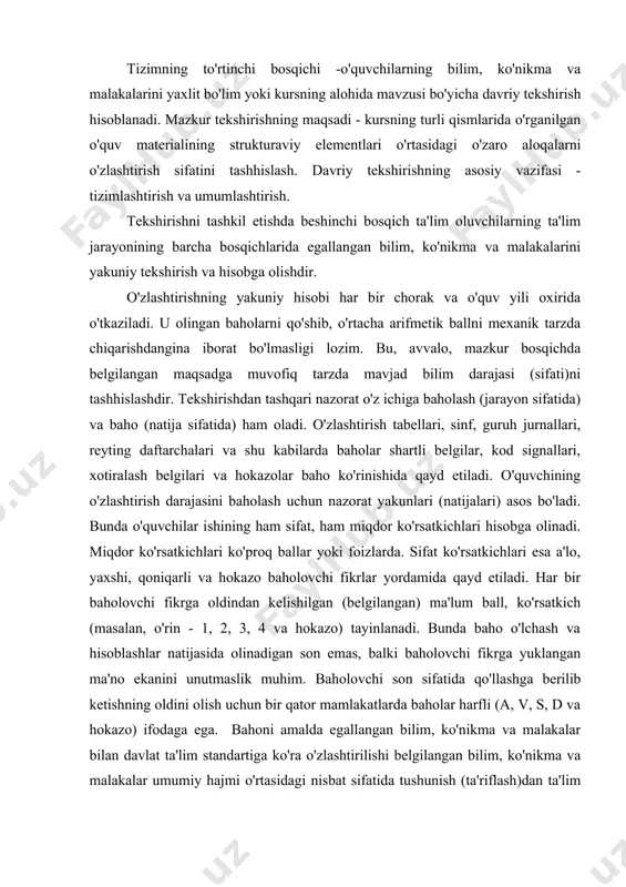 chi fikrga oldindan kelishilgan (belgilangan) ma'lum ball, ko'rsatkich (masalan, o'rin - 1, 2, 3, 4 va hokazo) tayinlanadi. bunda baho o'lchash va hisoblashlar natijasida olinadigan son emas, balki baholovchi fikrga yuklangan ma'no ekanini unutmaslik muhim. baholovchi son sifatida qo'llashga berilib ketishning oldini olish uchun bir qator mamlakatlarda baholar harfli (a, v, s, d va hokazo) ifodaga ega. bahoni amalda egallangan bilim, ko'nikma va malakalar bilan davlat ta'lim standartiga ko'ra o'zlashtirilishi belgilangan bilim, ko'nikma va malakalar umumiy hajmi o'rtasidagi nisbat sifatida tushunish (ta'riflash)dan ta'lim darajasining miqdoriy mazmuni kelib chiqadi. o'zlashtirish (ta'lim samaradorligi) ko'rsatkichi bqa/t yuz foiz nisbat asosida hisoblanadi. bunda: b - o'zlashtirish (ta'lim samaradorligi) bahosi; a - amalda o'zlashtirilgan bilim, ko'nikma va malakalarning hajmi; t - o'zlashtirish nazarda tutilgan bilim, ko'nikma va malakalarning to'liq hajmi. ko'rinib turibdiki, o'zlashtirish ko'rsatkichi (baho) bu o'rinda 100 foiz - axborotni to'liq o'zlashtirish va 0 foiz - uning umuman mavjud emasligi o'rtasida bo'ladi. ma'dlumki, baholash …
