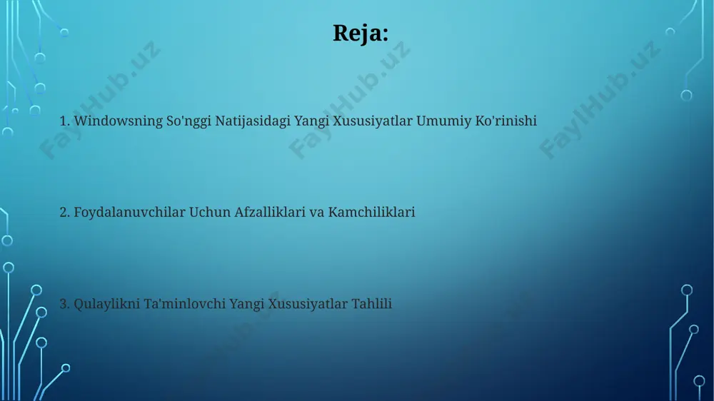 mumiy tezligi va samaradorligini oshiradi. windows-ning yangi versiyasida qo'llanilgan optimallashtirilgan kodlash tufayli ishga tushirish vaqti 15% ga qadar tezlashgan, bu foydalanuvchilarga vaqtni tejash imkonini beradi. batareya ishlash muddatini yaxshilash batareya holatini aniqlash algoritmlari takomillashtirildi, bu esa qurilmaning qolgan ish vaqtini 10 daqiqagacha aniqroq bashorat qilish imkonini beradi. yangi quvvat boshqaruv tizimi tufayli, fon jarayonlarining energiya sarfini 20% ga kamaytirishga erishildi, bu esa umumiy ishlash muddatini uzaytiradi. ishlab chiqaruvchanlikni oshirish vositalari yangilangan fayllarni boshqarish vositalari va qidiruv funksiyasi, hujjatlarni topish vaqti sarfini 30% ga qisqartirib, ish unumdorligini oshiradi. focus sessiyalari va focus assist funksiyalari orqali chalgʻitish omillarini kamaytirib, ish samaradorligini 15% gacha oshirish mumkin. uyqu rejimining yangilanishlari uyqu rejimiga yangi "tez uyqu" funksiyasi qo'shildi, bu esa qurilmani atigi 2 sekund ichida uyqu holatiga o'tkazish imkonini beradi. yangilangan uyqu rejimi endi qurilmaning batareyasini 15% ga tejashga yordam beradi, bu esa qurilmaning ishlash muddatini sezilarli darajada uzaytiradi. o'yinlar uchun yaxshilanishlar o'yinlar paneli yangilangan …
