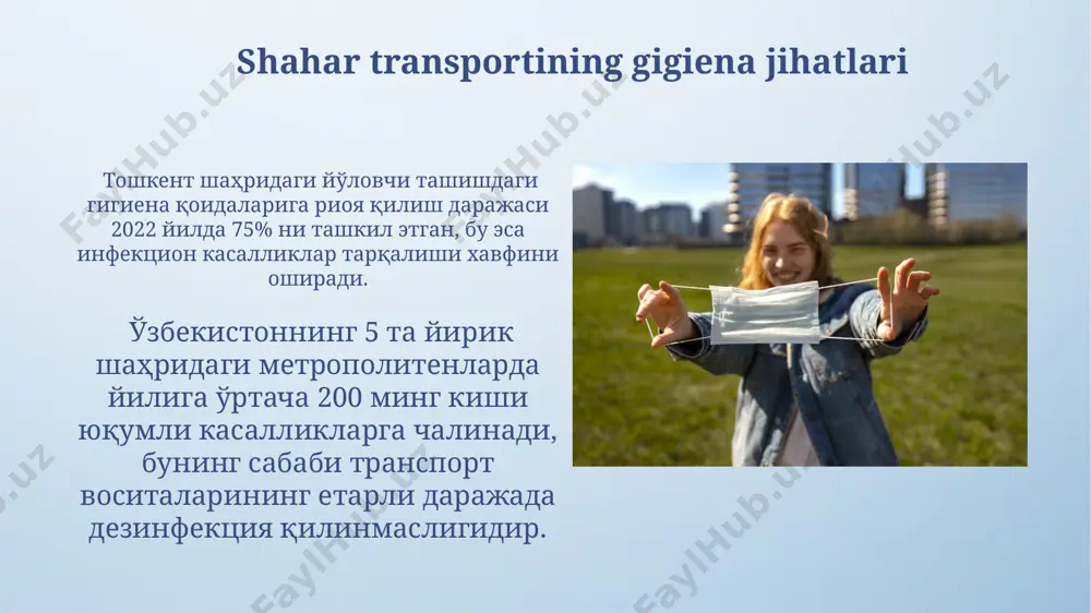 nd viloyatida 2023-yilning birinchi choragida 1500 ga yaqin ko‘cha itlari emlashdan o‘tkazilib, ularning 80%i quturishga qarshi emlandi. bu esa shahar atrof-muhit gigienasi ko‘rsatkichlarini yaxshilashga yordam berdi. jamoat joylarining gigienasi самарқанд вилоятидаги 3 та қишлоқда амалга оширилган лойиҳа натижасида, аҳолининг тоза ичимлик сувига бўлган кириши 95% га етган, бу эса ичак инфекцияларининг сонини 2 бараварга камайтирган. тошкент шаҳридаги 500 дан ортиқ кўп квартирали уйларда санитария-гигиена талабларига риоя этилиши 2023 йилда 70% гача ошган, бу эса юқумли касалликларнинг 15% га камайишига олиб келган. qattiq chiqindilarni boshqarish ўзбекистонда йилига 10 миллион тоннадан ортиқ қаттиқ чиқиндилар ҳосил бўлади, бунинг 1 миллион тоннасини пластик чиқиндилар ташкил этади, уларни қайта ишлаш мамлакат иқтисодиёти учун муҳим аҳамиятга эга. тошкент шаҳридаги қаттиқ чиқиндиларнинг 70% дан ортиғи полигонларга ташланади, бу эса ер ости сувларининг ифлосланиши ва 200 гектардан ортиқ ер майдонининг зарарланишига олиб келади. tibbiy xizmatlarning mavjudligi toshkent shahrida 2022-yilda 100,000 aholiga 150 dan ortiq tibbiyot muassasasi, shu jumladan …