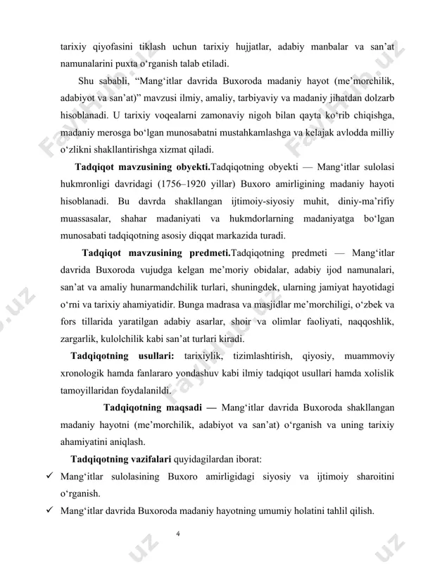 avri buxorosi siyosiy-ijtimoiy hayoti bilan birga madaniy muhitni ham yoritadi. hakimxon to‘raning risolalari sulola ichidagi ziddiyatlar va madaniyatga bo‘lgan munosabat haqida ma’lumot beradi.[footnoteref:2] [1: ahmad donish. navodir ul-vakoe. — toshkent: “fan”, 1960.-b.45] [2: hakimxon to‘ra. muntaxab ut-tavorix. — toshkent: “fan”, 1991.-b.120] ikkinchi guruh. sovet davri tadqiqotlari (1920–1990 yillar). bu davrda mang‘itlar sulolasi ko‘pincha siyosiy jihatdan tanqidiy ruhda yoritilgan bo‘lsa-da, tarixiy-madaniy yodgorliklar va san’atga oid ayrim jiddiy ilmiy ishlanmalar yaratildi: e. e. kuzmina,[footnoteref:3] g.a. pugachenkova, l.i. rempel[footnoteref:4] kabi san’atshunos va arxeologlar buxorodagi madrasa, masjid, maqbara va boshqa obidalarni ilmiy asosda tavsiflaganlar. b.d. kochnev va .a.semenov[footnoteref:5] kabi sharqshunoslar esa yozma manbalarni ilmiy tahlil qilib, madaniy taraqqiyotga oid ayrim jihatlarni ochib bergan.adabiyotshunoslikda n. mallayev[footnoteref:6], g‘. g‘ulom, m. shayxzoda[footnoteref:7] tomonidan yozilgan asarlarda o‘zbek adabiyotining tarixiy bosqichlari yoritilgan, ammo mang‘itlar davri alohida chuqur tadqiq etilmagan. sovet davrida diniy madaniyat va an’anaviy san’at ko‘proq e’tibordan chetda qolgan bo‘lsa-da, me’morchilik yodgorliklari yuzasidan boy faktlar to‘plangan. [3: kuzmina …
