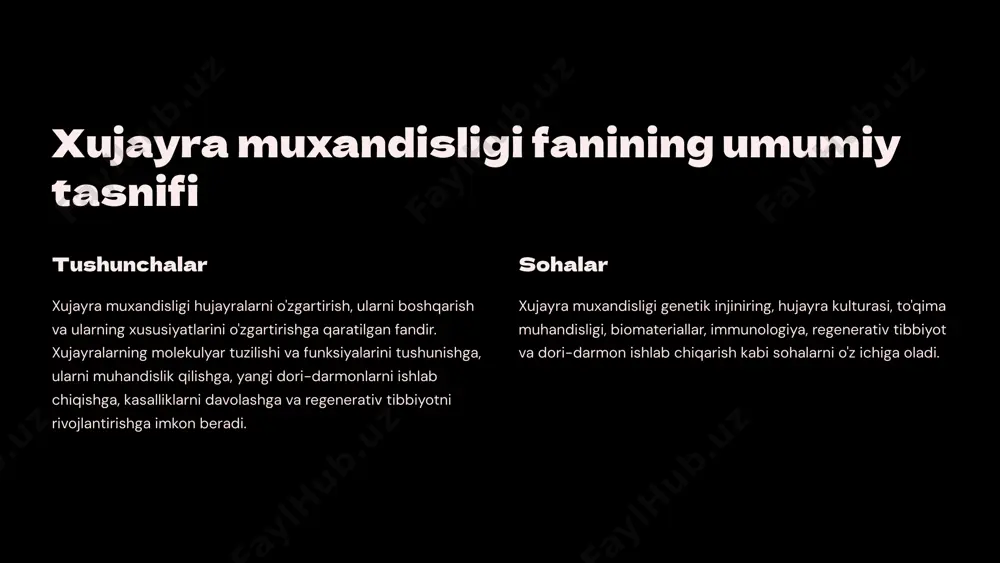 ing texnologiyalari genlarni o'zgartirish xujayralarning genetik materialini o'zgartirish. genlarni kiritish xujayralarga yangi genlarni kiritish. genlarni o'chirish xujayralardan muayyan genlarni o'chirish. 7 xujayra immunoterapiya va regenerativ tibbiyot immunoterapiya immun tizimini o'zgartirish orqali saraton va boshqa kasalliklarni davolash. regenerativ tibbiyot shikastlangan to'qimalar va organlarni tiklash uchun kök hujayralardan foydalanish. 8 xujayra muxandisligi mahsulotlarining tibbiy qo'llanilishi 1 dori-darmonlar yangi dori-darmonlarni ishlab chiqish. 2 tibbiy vositalar xujayra terapiyasi va regenerativ tibbiyot uchun vositalar. 3 diagnostika kasalliklarni erta aniqlash uchun yangi usullar. 9 xujayra muxandisligi texnologiyalarining xavfsizligi 10 image1.png image2.png image3.png image4.png image5.png image6.png image7.png image8.png image9.png image10.png image11.png image12.png image13.png image14.png image15.png image16.png image17.png image18.png image19.png