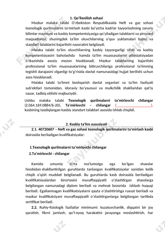 irlash texnik xizmat ko‘rsatish, va foydalaniladigan usunalarning uzluksiz ishlashini ta’minlash, nasos stansiyasi uskunalariga texnik xizmat ko‘rsatish va ta’mirlash ishlarni bajario‘da xafsizlik texnikasi va mehnatni muhofaza qilish qoidalariga rioya qilish. gidroelektro stansiyalarda ishlatiladigan gidroturbinalarga texnik xizmat ko‘rsatish, ta’mirlash va qurilmaning uzluksiz ishlashini ta’minlashga yo‘naltirilgan ishlarni bajarish. 3.2.2. ta'mirlovchi- chilangar kvalifikatsiyasi bo‘yicha: bosim ostida ishlaydigan idishlarga texnik xizmat ko‘rsatish; kompressor stansiyalarda ishlatiladigan kompressor stansiyalarning uskunalarini ishonchli, samarali va uzluksiz ishlashini amalga oshirish, ularni ta’mirlash ishlarini bajarishda ruxsat etilgan ta’mirlash vositalari moslamalari va asbob uskunalardan foydalanish. texnik hujjatlarni yuritish. ist’emolchilarni xonadonlarida o‘rnatilgan gaz jixozlarinisozligini tekshirish, ularga texnik xizmat ko‘rsatish va ta’mirlash. ist’molchilar tomonidan foydalanib keladigan gaz jixozlarni tasdiqlangan reja asosida tekshirish nosozliklarni aniqlash. gaz jixozlarning nosozligini turiga qarab ta’mirlash ishlarni o‘tkazish joyida yoki ta’mirlanadigan jixozni ta’mirlash sexigi olib kelib ish joylarda mexnatni muxofaza qilish va xafsizlik qoidalariga rioya qilish 4. ta’lim dasturini o‘zlashtirgan bitiruvchining umumiy va kasbiy kompetensiyalariga qo‘yiladigan talablar 4.1. 40720607 – …