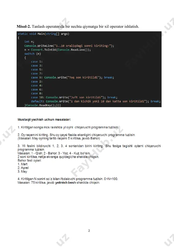 * 10; switch (unlik){ case 10: console.write("o'n"); break; case 20: console.write("yigirma"); break; case 30: console.write("o'ttiz"); break; case 40: console.write("qirq"); break; case 50: console.write("ellik"); break; case 60: console.write("oltmish"); break; case 70: console.write("yetmish"); break; case 80: console.write("sakson"); break; case 90: console.write("to'qson"); break; default: break; } switch (birlik){ case 1: console.writeline(" bir"); break; case 2: console.writeline(" ikki"); break; case 3: console.writeline(" uch"); break; case 4: console.writeline(" to'rt"); break; case 5: console.writeline(" besh"); break; case 6: console.writeline(" olti"); break; case 7: console.writeline(" yetti"); break; case 8: console.writeline(" sakkiz"); break; case 9: console.writeline(" to'qqiz"); break; default: break; } switch (n){ case 1: case 99: console.write(unlik+birlik); break; default: break; } dastur natijasi 1