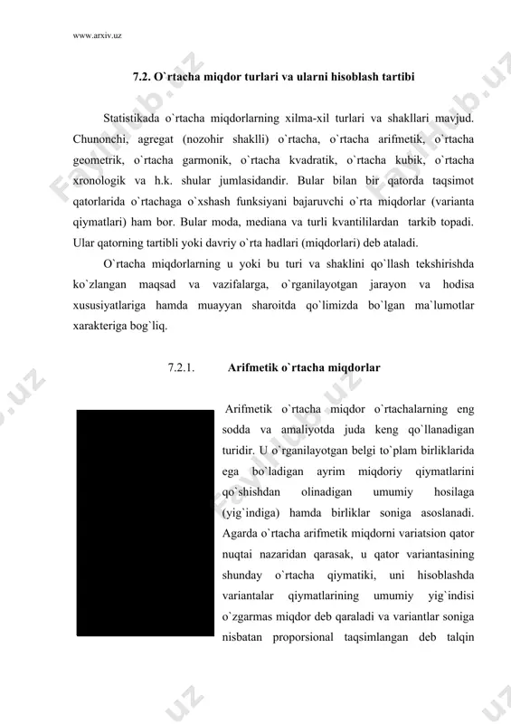 ri sifatida quyidagi xossalarga ega (7.1. tarh). 7.1-tarh. o`rtacha miqdorlarning muhim xususiyatlari. o`rtacha miqdor qator miqdorlaridan tafovutda bo`ladi, ulardan chetlanadi o`rtacha miqdorni hisoblash katta sonlar qonuni amal qiladigan ommaviy jarayon singari amaldir. muayyan taqsimot qatorining variantalari birin-ketin bir biriga qo`shib (birlashtirilib) boriladi. natijada katta-kichik miqdorlar bir-biriga ta`sir etib, birikib o`zaro siyqalanadi. ular o`rtasidagi farqlar o`zaro yoyishib yo`qola boradi. pirovard oqibatda qator tekislanadi, uning variantalari miqdoran barovarlashib ma`lum o`rtacha daraja bilan ifodalanadi. demak, o`rtacha miqdorlarning xususiyati yana shundan iboratki, ular qator unsurlarning bir-biridan ajratib turuvchi xossalarini nazardan soqit qiladi, ulardan doimo abstraktsiyalanadi. o`rtacha o`z funksiyalarini to`la va aniq bajarish uchun bir qator talablarga javob berishi kerak. o`rtacha miqdor o`zining funksiyalarini to`la va aniq ado etishi uchun quyidagi shart-sharoitlar mavjud bo`lishi lozim: - o`rtacha miqdori aniqlanadigan to`plam bir jinsli, hajm jihatdan yetarli sonda bo`lishi kerak; · o`rganilayotgan to`plam birliklariga tegishli belgining miqdoriy qiymatlari bo`yicha ularning taqsimoti yetarli darajada hodisaga xos obyektiv taqsimot …