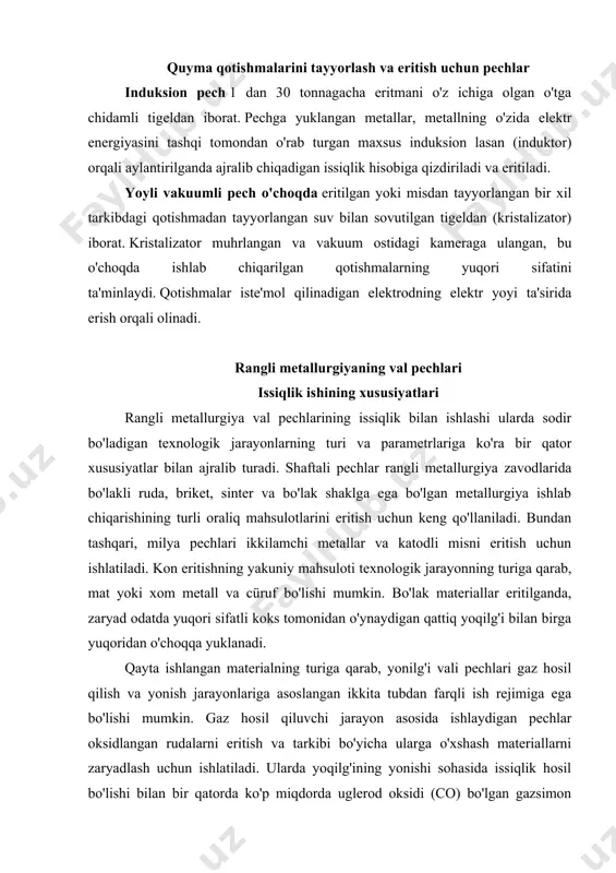 bir kilogramm uglerodga tegishli. yonish jarayoniga asoslangan ish rejimiga ega shaftli pechlar sulfidli materiallarni qayta ishlash va ikkilamchi metallar va katodli misni qayta eritish uchun ishlatiladi. sulfidlarni eritish uchun pechlarda portlovchi kislorod yoqilg'ini yoqish paytida va minerallarning termal parchalanishi paytida ajralib chiqadigan temir sulfidlari va elementar oltingugurtning bir qismini oksidlash uchun reagent sifatida ishlatiladi. shunday qilib, pechda oksidlovchi atmosfera saqlanadi. ikkilamchi metallar va katodli misni qayta eritish uchun ishlatiladigan shaftli pechlarda gaz fazasi texnologik jarayonning reagenti emas. metall chiqindilarni oldini olish uchun odatda o'choqning ish joyida kamaytiruvchi atmosfera saqlanadi. biroq, yoqilg'ining yonishi paytida ko'p miqdorda uglerod oksidi hosil bo'lishi istalmagan hodisadir, chunki u sezilarli issiqlik iste'moli bilan birga keladi. rangli metallurgiyaning shaft pechlari vaqt o'tishi bilan erishning issiqlik va harorat rejimlarining asosiy parametrlarining o'zgarmasligi bilan tavsiflangan ish rejimiga ega bo'lgan uzluksiz birliklardir. parametrlarning o'ziga xos qiymatlari to'g'ridan-to'g'ri pechda oqadigan texnologik jarayonning turiga va qayta ishlangan xom ashyo tarkibiga bog'liq. misol …