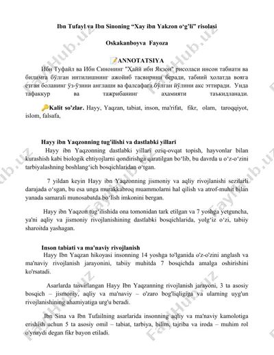 "hayy ibn yaqzonning tug'ilishi va dastlabki yillari" — DOCX