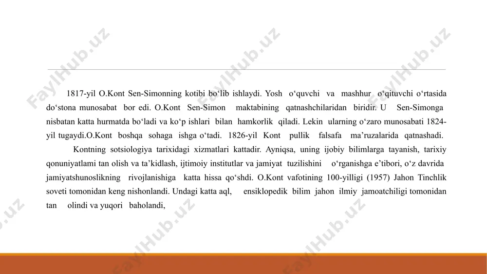 va ilmiy bilimlarning umumiy mazmunini tashkil qiladi. bu davr o‘zining bosh!ang‘ich nuqtasida barcha fikrmulohazalarni o‘zida shak-shubhasiz jamlagandek tuyulardi, go‘yo predmet tadqiqotlarini mukammal tarzda, muammoli savollarga javob berishini afzal ko‘rardi. bizning zamonamizda ziddiyatlar kuchi bir qarashda tushunarsiz tuyulishi mumkin edi, lekin o‘sha vaqtda (ya’ni diniy davrda) inson aqli oddiy ilmiy muammolarni hal etmasdi. jamiyat tushunchasi va jamiyat to‘g‘risidagi fikrlar o.kont sotsiologik nazariyasida ko‘proq aks ettirilgan. o. kont, d. yum, a. smit, russo, sen-simonlarning jamiyat to‘g‘risidagi nazariyalarini rivojlantirdi e’tiboringiz uchun rahmat! image2.jpeg /docprops/thumbnail.jpeg