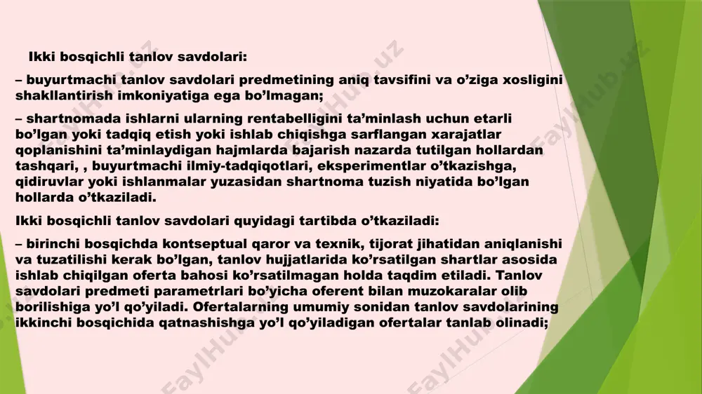 h markazining ijobiy xulosasi olinganidan keyin joylashtiriladi. tender o‘tkazilishi to‘g‘risidagi e’lon tender ishtirokchilaridan takliflarni qabul qilish muddati tugaydigan sanadan kamida o‘n ikki ish kuni va ko‘pi bilan o‘ttiz ish kuni oldin maxsus axborot portali orqali davlat xaridlarining elektron tizimiga davlat buyurtmachisi tomonidan joylashtiriladi. tender o‘tkazilishi to‘g‘risidagi e’lon quyidagi axborotni o‘z ichiga olishi kerak:tenderni o‘tkazish shakli; tovarning (ishning, xizmatning) batafsil tavsifi va boshlang‘ich narxi;tender o‘tkaziladigan joyning manzili; tender ishtirokchilariga qo‘yiladigan talablar;davlat buyurtmachisining ishtirokchilar bilan bog‘lanish uchun aloqa bog‘lovchi shaxslar sifatida belgilangan bir yoki bir nechta mansabdor shaxslarining yoki boshqa xodimlarining familiyasi, ismi, sharifi, lavozimi va manzili;takliflar berish muddati tugaydigan sana va vaqt;tender taklifini rasmiylashtirishga doir talablar. tender o‘tkazish to‘g‘risidagi e’lon qonunchilikka zid bo‘lmagan boshqa axborotni ham o‘z ichiga olishi mumkin. 4.tender bo‘yicha xarid qilish hujjatlari. tender bo‘yicha xarid qilish hujjatlari maxsus axborot portali orqali davlat xaridlarining elektron tizimiga tender o‘tkazilishi to‘g‘risidagi e’lonni joylashtirish bilan bir vaqtda davlat buyurtmachisi tomonidan joylashtiriladi. tender …