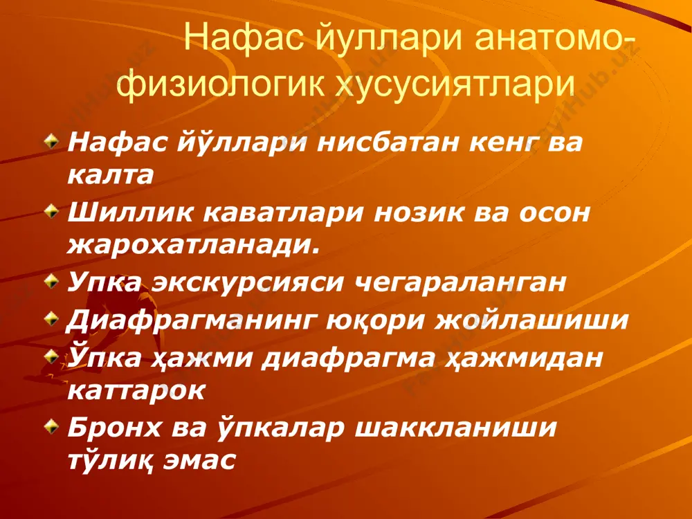 силиши туфайли уларнинг торайиб қолишига шароит яратади. юқори нафас йўллари янги туғилган чақалоқда бурун кичик бўлади, унинг бушлиқлари тўлиқ ривожланмаган, бурун йўллари тор бўлади. бурун тоғайлари жуда юмшок, пастки бурун йўллари бўлмайди (улар 4 ёшда шаклланади). бурун шиллиқ қавати жуда нозик, қон ва лимфатик томирларга бой. янги туғилган чақалоқларда бурун шиллиқ ости қаватининг каверноз қисми тўлиқ етилмаган бўлади. (улар 8 — 9 ёшда ривожланади).- 1 ёшли болаларнинг бурнидан қон келиши ҳолларини кам учраши шу билан тушунтирилади. юқори нафас йўллари янги туғилган чакалокнинг ҳалкуми тор ва кичик. ҳалқум лимфа ҳалқаси суст ривожланган. иккала танглай янги туғилган чақалоқаларда нормада у юмшок танглай ёйлари ортидан бўғиз бўшлиғига чиқиб турмайди. бир ёшга етгандан лимфоид тўқима гиперплазияси кузатилади ва танглайлар ёй ортидан чиқиб туради. шунинг учун 1 ёшгача бўлган болаларда ангина катта ёшдаги болаларга нисбатан камрок учрайди. мўртаклар микроблар учун фильтр ҳисобланади, аммо яллиғланиш жараёнлари тез —тез yчpaб турса, улар сурункали инфекция ўчоғига айланиб қолиши …