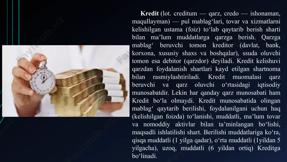 redit resurslarining asosiy manbalari quyidagilardan iborat: korxonalarning amortizatsiya ajratmalari; mahsulot sotishdan olingan pul tushumlari; korxonalarning ishlab chiqarish, fan va texnikani rivojlantirish fondlari, moddiy ragʻbatlantirish fondlari; korxonalar foydasi. ular davlat byudjeti va kredit tizimi bilan hisob-kitob qilinguncha, shuningdek uning tegishli qismi korxona ehtiyojlari uchun foydalanguncha bankdagi hisoblarida saqlanadi; bankdagi byudjet muassasalari, kasaba uyushmalari va boshqa ijtimoiy tashkilotlarning joriy pul resurslari; aholining boʻsh pul mablagʻlari. kredit turlari tarixiy taraqqiyot davomida kreditning ikki — pul va tovar shakllaridan foydalanib kelingan. hozirgi vaqtda mamlakat ichki aylanmasida pul kreditidan kengroq foydalanib, u bank, tijorat, davlat, isteʼmol va xalqaro kredit shakllarini oladi. bank krediti — kreditning asosiy va etakchi shakli sifatida chiqadi. u pul egalari — banklar va maxsus kredit muassasalari tomonidan qarz oluvchilarga (tadbirkorlar, davlat, uy xoʻjaligi sektori) pul ssudalari shaklida beriladi. xoʻjaliklararo kredit — bir korxona (muassasa) tomonidan ikkinchisiga beriladi va ularning kapital qurilish, qishloq xoʻjaligi sohalaridagi munosabatlariga, shuningdek, ichki xoʻjalik hisobi boʻgʻinlari bilan …