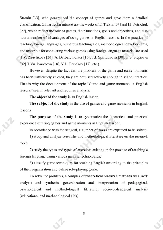he first chapter, “game and game moments as a condition for creating a motivational basis for teaching a foreign language,” describes the psychological, pedagogical and linguistic aspect of the problem, theoretically substantiates game methods and means for students to master a foreign language. the second chapter, “practical application of games and game moments in english lessons,” offers recommendations, as well as games and gaming techniques that contribute to the formation of cognitive interest in learning foreign languages. in conclusion, conclusions drawn from the analysis and synthesis of the research results are formulated. chapter 1. game and game moments as a condition for creating a motivational basis for teaching students a foreign language 1.1 analysis of the basics of gaming activities in english lessons as noted by i.i. petrichuk, “game as one of the most amazing phenomena of human life has attracted the attention of philosophers and researchers of all eras. …