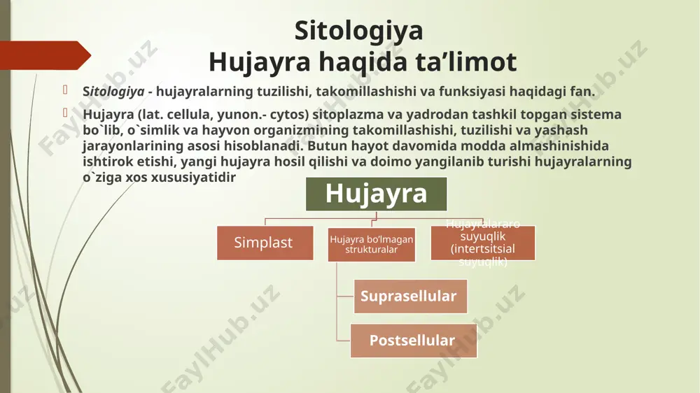 si hujayra nazariyasi ‒ bu tiriklikning eng kichik birligi bo‘lgan hujayralarning tuzilishi, ko‘payishi va ularning ko‘p hujayrali organizmlarni shakllantirishdagi tutgan o‘rni haqidagi qonuniyatlarni umumlashtiruvchi ta’limotdir. hujayra nazariyasinig asosiy qoidalari quyidagilardan iboratdir: 1. hujayra tirik mavjudotning eng kichik birligidir. 2. turli organizmlar hujayralari tuzilishi bo‘yicha prinsipial o‘xshashlikka ega. 3. hujayralarning ko‘payishi faqat mavjud hujayralarning bo‘linishi natijasida amalga oshadi. 4. hujayra yaxlit organizmning bir qismidir. hujayra membranasi – plazmolemma – sitolemma hujayrani tashqi tarafdan o`rab turuvchi sitoplazma qobig`i biologik membrananing o`zidan iborat bo`lishi mumkin. lekin, ko`pincha, hujayra murakkab tuzilgan 3 zonadan: tashqi, o`rta za ichki zonalardan tashkil topgan hujayra (sitoplazma) qobig`i bilan o`ralgan hujayra membranasining tashqi zonasi sitoplazma qobig`ining t a s h q i z o n a s i glikokaliks deb nomlanib oqsil va karbonsuvlardan hosil bo`lgan. u elektron mikroskop ostida uzluksiz struktura holida ko`rinadi. glikokaliks tashqi qavat bo`lgani uchun hujayraning tashqi muhit bilan aloqasida muhim rol o`ynaydi. glikokaliks zonasining …