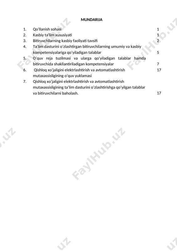 ayonga moslashtirish, har tomonlama tez fikrlash va faraz qilish, yorug‘likni sezish, faol va tez xotirlash, harakat xotirasi va moslashuvchanlik. 2.3. ta’limni davom ettirish imkoniyatlari. qishloq xo‘jaligini elektrlashtirish va avtomatlashtirish mutaxassisligi bitiruvchisi keyinchalik kasbiy ta’limini chuqurlashtirish maqsadida: kadrlar malakasini oshirish tizimida, tarmoq o‘quv muassasalarida va maxsus kurslarida malakani oshirishi; kasbiy faoliyatning tegishli sohasida yanada yuqoriroq malakaga erish maqsadida oliy ta’lim muassasasida o‘qishni davom ettirishi mumkin. 2.4. o‘qishga qabul qilish shartlari. o‘qishga qabul shartlari amaldagi qonunchilik asosida amalga oshiriladi. 3. bitiruvchilarning kasbiy faoliyati tavsifi 3.1. bitiruvchining kasbiy faoliyat sohasi: qishloq xo‘jalik korxonalaridagi elektr jihozlarga xizmat ko‘rsatuvchi elektrmexaniklar, boshqaruv va himoya elektr va elektron apparatlari, elektr yoritish qurilmalari, elektr issiq qurilmalari va avtomatik liniyalar hamda qurilmalar, yo‘q ko‘tarish mashinalar, kompressorlar, ventilyatorlar, nasoslar va avtomatik boshqaruvchi tizimlarni boshqarish ishlari, texnologik jarayonlarni o‘lchash, boshqarish, sinovdan o‘tkazish va tartibga solish uchun asboblar va asboblarni o‘rnatish, ta’mirlash, texnik xizmat ko‘rsatish ishlarini tashkil etish va bajarishni mehnat muhofazasi …