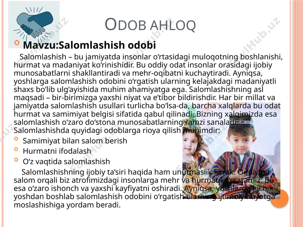li hayoti va sog‘lom shaxs bo‘lib ulg‘ayishi uchun juda muhimdir. bolalarning ota-onalari oldidagi asosiy huquqlari quyidagilardan iborat: sevgi va mehrga bo‘lgan huquq himoyalanish huquqi tarbiyaga bo‘lgan huquq ta’lim olish huquqi o‘z fikrini bildirish huquqi oilaviy qo‘llab-quvvatlashga bo‘lgan huquq tengdoshlar bilan o‘ynash va muloqot qilish huquqi bolaning ota-onasi oldidagi huquqlari nafaqat qonunda belgilangan, balki insoniylik va oilaviy qadriyatlarga asoslangan. ota-onalar bu huquqlarga rioya qilsa, bola baxtli, mehribon va mas’uliyatli shaxs bo‘lib ulg‘ayadi. bu nafaqat bolalar uchun, balki jamiyatning ravnaqi uchun ham muhimdir. yo’l harakati mavzu:svetofor qoidalari svetofor qoidalari yo‘l harakati xavfsizligini ta’minlashda eng muhim qoidalardan biridir. ushbu qoidalar nafaqat haydovchilar, balki piyodalar va velosipedchilar uchun ham amal qiladi. svetofor qoidalariga rioya qilish – har birimizning yo‘llarda xavfsiz harakatlanishimiz uchun asosiy shartdir. svetofor chiroqlari va ularning ma’nosi: qizil chiroq to‘xtash belgisidir. qizil chiroq yonganda haydovchilar va piyodalar harakatni to‘xtatishi shart. bu chiroq harakat xavfli ekanini bildiradi. sariq chiroq tayyorlanish belgisi. sariq chiroq …