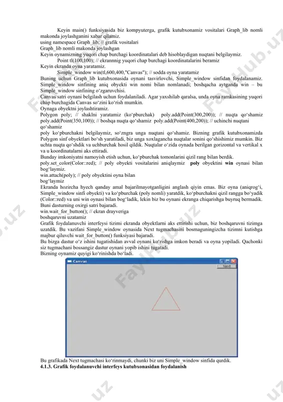 y ta’minotlar keng ma’noli. ammo ko‘p muhitlarda yaxshi grafika muhim rol o‘ynaydi [footnoteref:1]. [1: nazirov sh.a., qobulov r.v., bobojanov m.r., raxmanov q.s. с va с++ tili. “voris-nashriyot” mchj, toshkent 2013. 488 b. ] grafika chiroyli. bu kod fragmentini bajarilish natijasi aniq bo‘lganda (xatolarni bartaraf etganda) hisoblash bilan bog‘liq faoliyatning kamyob yo‘nalishlaridan biridir. grafika bilan ishlash u aniq natija keltirmasa ham yoqimli! grafik dasturlar juda qiziqarli. dasturlashni o‘rganish ko‘plab dasturlarni o‘qishni o‘z ichiga oladi.grafika - loyihalash bilan bog‘liq misollarga to‘la manbaa. yaxshi grafikani va foydalanuvchi grafik interfeysini ishlab chiqarish va amalga oshirish qiyin. grafika - loyixalash usullari va loyihalash yechimlari uchun aniq va amaliy misollarga juda boy manbaa. grafika obyektga – yo‘naltirilgan dasturlashga kirish va uning til vositalarini qo‘llab-quvvatlash uchun qulay. grafika bilan bog‘liq ayrim tushunchalar eskirgan emas. shuning uchun ular astoydil bayon qilinishi lozim. birinchi misol bizning vazifamiz – ekranga chiqarish uchun obyektlarni yaratish mumkin bo‘lgan, sinflarni aniqlash. masalan, siniq …