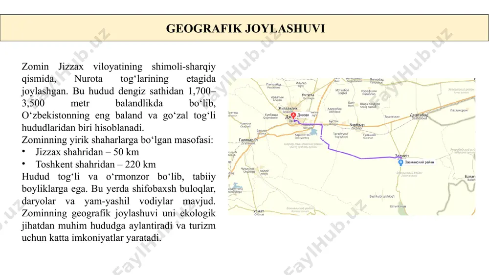 liy an’analar va urf-odatlar avloddan-avlodga yetkazilib kelinmoqda. har yili bu yerda turli xalqaro festivallar va milliy bayramlar o‘tkazilib, sayyohlarga o‘zbek madaniyati va an’analari bilan tanishish imkoniyati beriladi. zominning ekologik ahamiyati zomin ekologik jihatdan muhim hudud bo‘lib, uning toza havosi va tabiati inson salomatligiga ijobiy ta’sir ko‘rsatadi. archazorlar karbonat angidridni yutib, havoni tozalashda katta rol o‘ynaydi. zomin milliy bog‘i noyob o‘simlik va hayvon turlarini saqlab qolish uchun muhim bo‘lib, tabiiy zaxiralarni muhofaza qilishga xizmat qiladi. e’tiboringiz uchun rahmat! image1.png image2.png image3.png image4.png image5.png image6.png image7.png image8.png image9.png image10.png image11.png /docprops/thumbnail.jpeg