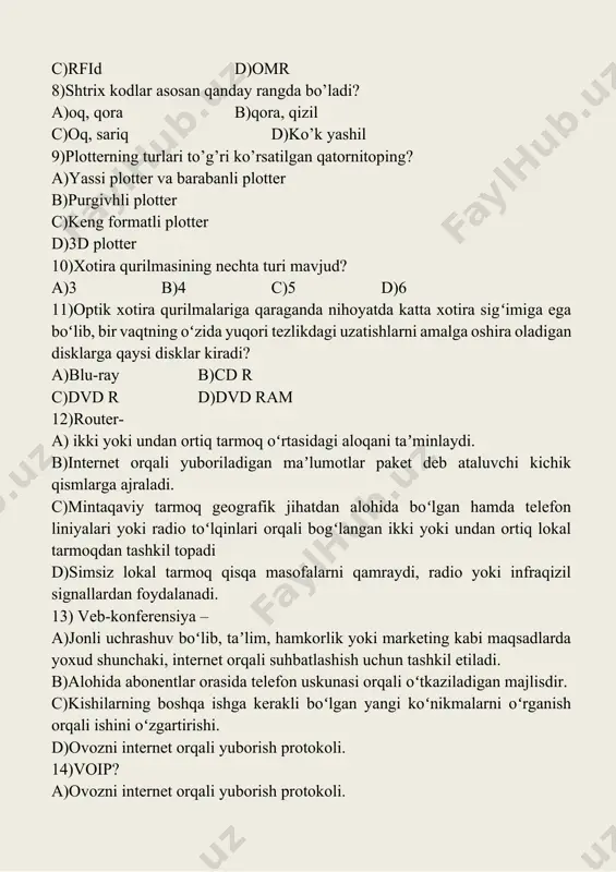ilmagan 2)comma separated values? a)vergul bilan ajratilgan qiymat b)nuqta bilan ajratilgan qiymat c)tire bilan ajratilgan qiymat d)qavs bilan ajratilgan qiymat 3)_______________ bu namunalarni aniqlash va bitta belgi bilan almashtirish yordamida ishlaydigan, yoʻqotishsiz siqish turidir? a)zip siqish texnologiyasi b) fayllarni ierarxik tuzilish c)yoʻqotishli siqish d)ma’lumotlarni siqish texnologiyasi 4)qaysi parametr tasvirni oʻz chizigʻiga joylashtirish imkonini beradi? a)top and bottom b)edit wrap c)through d)edit wrap points 5)matnni saqlab qolish va uni tasvir ustida aks ettirish uchun qaysi parametridan foydalanish lozim? a)in front of text b) through c)edit wrap points d)top and bottom 6)tasvirning aniqligi pasaysa faylda yana qanday o;zgarish yuz beradi? a)fayl hajmipasayadi b)fayl hajmi ortadi c)boshqa o’zgarish yuz bermaydi d)to’g’ri javob yo’q 7) tasvirni aylantirish uning qanday oʻzgartirish imkonini beradi? a)namoyish byrchagini b)keraksiz qismlarini olib tashlash c)rangini o’zgartirish d)tomonlar nisbatini saqlash 8)________hujjat sahifasida ajratilgan maydonda turli obyektlarni joylashtirilish usuli? a)maket b)albom varag’i c)kitob varag’i d)shablon 9)qaysi formati raqamlarni “standart shaklda” aks ettiradi? …