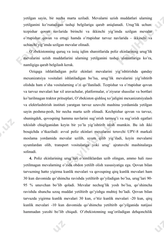 tirib olish mumkin. bu ish ikki bosqichda o’tkaziladi: avval poliz ekinlari mevalarini teruvchi upv-8 markali moslama yordamida mevalar uzilib, uyum qilib yig’iladi, keyin mevalarni uyumlardan olib, transport vositalariga yoki urug’ ajratuvchi mashinalarga solinadi. 4. poliz ekinlarining urug’lari o’simliklardan uzib olingan, ammo hali raso yetilmagan mevalarning o’zida obdon yetilib olish xususiyatiga ega. qovun bilan tarvuzning hatto yigirma kunlik mevalari va qovoqning qirq kunlik mevalari ham 30 kun davomida qo’shimcha ravishda yetiltirib qo’yiladigan bo’lsa, urug’lari 90-95 % unuvchan bo’lib qoladi. mevalar nechog’lik yosh bo’lsa, qo’shimcha ravishda shuncha uzoq muddat yetiltirib qo’yishga muhtoj bo’ladi. qovun bilan tarvuzda yigirma kunlik mevalari 30 kun, o’ttiz kunlik mevalari -20 kun, qirq kunlik mevalari -10 kun davomida qo’shimcha yetiltirib qo’yilganida natijasi hammadan yaxshi bo’lib chiqadi. o’zbekistonning sug’oriladigan dehqonchilik sharoitlarida urug’lik mevalarni barvaqt yig’ishtirib olib, keyin qo’shimcha ravishda yetiltirib olish maydonlarini oraliq ekinlar uchun ertaroq bo’shatish va tuproqni sifatli qilib tayyorlab olishga imkon beradi. yalpi urug’chilikda qovun bilan …