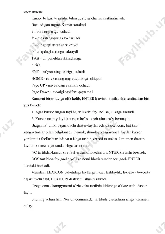 ayllarni bir sektordan ikkinchisiga, disketdan vinchesterga va aksincha, disketdan boshqa disketga ko`chirishga imkon beradi. f6 ren mow - ikki muxim vazifani bajarish uchun: 1) кursor turgan katalog va faylni qayta nomlash. shunday katalog yoki faylni ikkinchi paneldagi joriy katalogga olib o`tish. f7 mkdir - yangi katalog ochish (katalog nomi yoziladi). f8 delete - кursor turgan katalog va fayllarni o`chirish (o`chirish xaqida so`raladi). esc - menyudan panelga qaytish page up, page down - ekranga chiqarilgan ma`lumotlarni varaqlash. vaqti-vaqti bilan ortiqcha yoki tasodifiy fayllarni (kerak bo`lmasa kataloglarni ham) o`chirib, xotirani tozalab turgan ma`qul. umuman menyuning f5-f8 shoxlari xotira qurilmasida tartib o`rnatishga, zaruriy faylni izlab topish qulay bo`ladigan qilib joylashtirishga imkon beradi. кatalog va fayllar kutubxonasini tashkil qilishda quyidagi qoidalarga rioya qlish tavsiya etiladi: 65s- c sektorni sistema dasturlari uchun qoldirish, - кatalog mundarijasiga bir panelga sig`adigan miqdorda, ya`ni yo`g`onshox ikki nuqtasi .. va 53 ta katalog yoki fayldan iborat bo`lishi; - matniy …