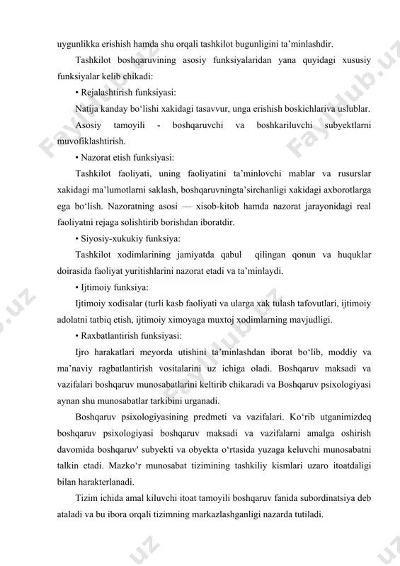 atga ishtiyoquygotish masalasiga katta e’tibor qaratiladi. boshqaruv obyektiga ta’syr etish uslublariga kо‘ra, uning bevosita va bavosita ta’syr shakllari ajratiladi. boshqaruv uslubini farqlashdagi an’anaviy yondoshuvlardan biri kurt levin tomonidan kiritilgan tipologiyaga asoslanib, bunda rahbarlikning avtoritar, demokratik va liberal uslublari farqlanadi. avtoritar uslubda. rahbar hamma boshqaruv qarorlarini о‘z qо‘liga oladi, qaror ijrosini kattik nazorat ostiga oladi va yо‘l qо‘yilgan xatolar yuzasidan beshafqat jazolash shaxdini namoyish etadi, xodimga inson sifatida qiziqish bilan qaramaydi. bunday sharoitda, doimiy nazoratning mavjudligi iqtisodiy jihatdan yuqori kо‘rsatkichni ta’minlaydi. lekin, psixologik nuqtai nazardan bunday uslubda qator kamchiliklar kuzatiladi: 1) xatoga yо‘l qо‘yish extimoli oiladi; 2) tashabbusni, xodimlarning ijodiy faoliyatini sо‘ndirish, ixtirolar joriy etishning sekinlashuvi, xodimlarning sustligi; 3) xodimlarning ishdan, jamoadagi mavqeydan qoniqmasliklari; 4) nosog‘lom psixologik muhit natijasida jismoniy va ruhiy zо‘riqishlar oshishi va sog‘likka salbiy ta’siri. bunday uslub rahbar va xodim orasidagi kasbiy malakalar farqi kattaligida, kattik intizom va itoatguylik zarur bо‘lgan sharoitda maqsadga muvofiq va о‘zini oqlashi mumkin …