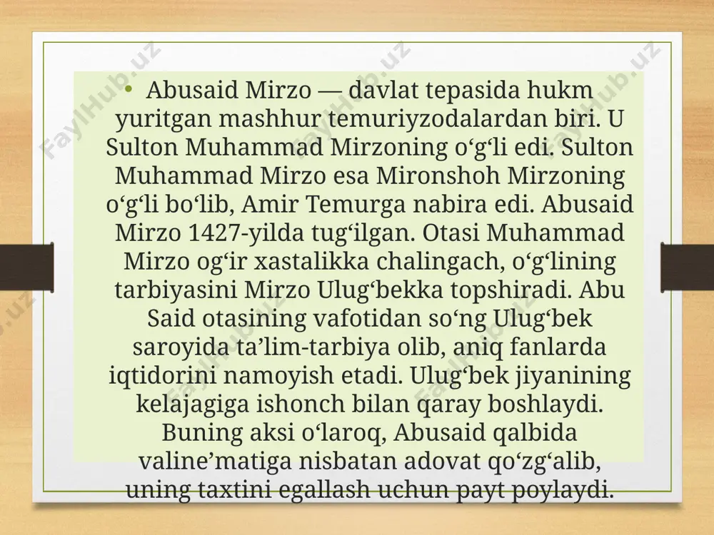 oyjonga yurish boshlaydi. u bu payt­da oʻzini kuch-qudratda jahongir bobosidan ortiq koʻrgan boʻlsa koʻrganki, kam koʻrmagan. davlatshoh samarqandiy uning koshgʻardan to tabrizga qadar uzangan hududni egallagach, kibr zoʻridan “yer yuzi kichik bir joy, uning kadxudoligiga bir kishi kifoya”, deganini eslatib oʻtadi. sulton abusaid davrida xurosonda madaniy va ijtimoiy hayot butkul susayib ketmagan va buni tarixchilardan abduraz­zoq samarqandiy hamda xondamir qayd etib oʻtadi. masalan, u 1456-yili mirzo ulugʻbekning astronomik jadvali nusxasini samarqanddan hirotga abulqosim bobur uchun joʻnatadi. ulugʻbekning sevimli shogirdi va izdoshi ali qushchining falsafaga doir “sharhi tajrid al-aqoid” risolasini yozib, abusaidga tuhfa etadi va ellik ming dinor bilan taqdirlanadi. 1451 yili yozida samarqand yaqinidagi sheroz qishlog‘idagi jangda mirzo abdullo o‘ldirilib, taxt sulton abusaid mirzo (1451-1469) qo‘liga o‘tdi. temuriylar davlatining xuroson yerlari shohruxning boshqa bir nevarasi, boysunqur mirzoning o‘g‘li abulqosim bobur qo‘lida saqlanib qolib, u to vafoti (1457) ga qadar xuroson taxtini boshqarib turdi. abulqosim bobur temuriylar saltanatini birlashtirishga, o‘zaro fitna, …