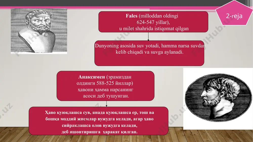 ади. дастлаб улар ҳақида аристотелнинг “категориялар” китобида келтирилган. асосий эътибор инсон муаммосига қаратилади; инсон муаммоси амалиёт, одамларнинг ҳаёт фаолияти, турмуш тарзи нуқтаи-назаридан ўрганилади. инсоннинг ўзлиги, одоб-ахлоқи, ҳукмдорларга, турли ёшдаги одамларга, шунингдек, жамиятдаги ижтимоий ҳолати турлича бўлганларнинг амалий фаолияти билан боғлиқ муаммолар ўрганилади. дин билан ўзаро алоқадорликда ривожланади. фалсафий оқим фалсафа сифатида ҳам, дин сифатида ҳам намоён бўлади (брахманизм, индуизм, конфуцийчилик, зардўштийлик ). шарқда ўзига хос фалсафий категориялар аппарати мавжуд (инь – аёллик, янь-эркаклик асоси, ци – уларнинг бирикмаси, сансара – жоннинг қайта гавдаланиши, ахурамазда- яхшилик, ахриман - ёвузлик ). e’tiboringiz uchun rahmat image2.png image3.png image4.png image5.png image6.png image10.jpeg image7.jpeg image8.png image9.jpeg image11.jpeg image12.jpeg image13.jpeg image14.png image19.png image20.png image15.png image16.png image17.png image18.png image21.png image22.png image23.png image1.jpg /docprops/thumbnail.jpeg