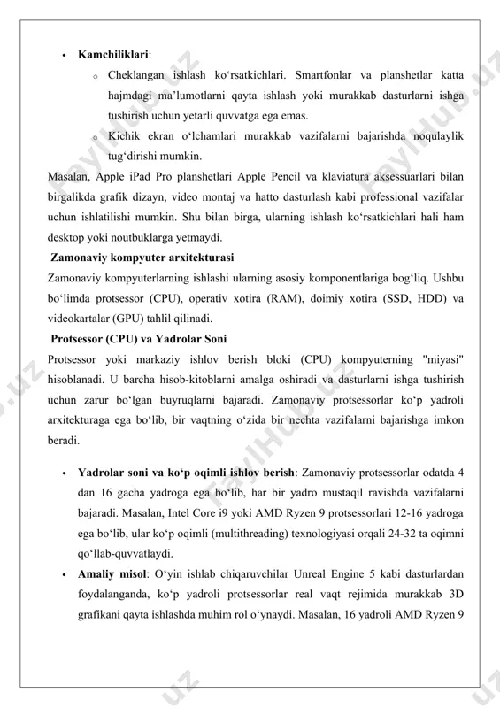 di, chunki u maxsus optimallashtirilgan arm arxitekturasiga asoslanadi. operativ xotira (ram).operativ xotira (ram) kompyuterning qisqa muddatli xotirasi bo‘lib, unda faol dasturlar va ularning ma’lumotlari saqlanadi. ram hajmi va tezligi kompyuterning umumiy ishlashiga bevosita ta’sir qiladi. · hajmi: zamonaviy kompyuterlarda odatda 8 gb dan 64 gb gacha ram ishlatiladi. oddiy foydalanuvchilar uchun 8-16 gb yetarli bo‘lsa, professional dasturchilar, video muharrirlari va o‘yin ishlab chiqaruvchilar uchun 32 gb yoki undan ko‘p ram talab qilinadi. · tezligi: ram tezligi megagerts (mhz) bilan o‘lchanadi. masalan, ddr5 ram 4800 mhz dan 6000 mhz gacha tezlikda ishlaydi, bu esa ddr4 ga nisbatan sezilarli yaxshilanishdir. · amaliy misol: adobe photoshop dasturida katta hajmdagi tasvirlarni tahrirlashda 32 gb ram sezilarli darajada tezroq ishlashni ta’minlaydi, chunki dastur ko‘p miqdorda vaqtinchalik ma’lumotlarni saqlaydi. doimiy xotira (ssd, hdd) doimiy xotira kompyuterda ma’lumotlarni uzoq muddat saqlash uchun ishlatiladi. zamonaviy kompyuterlarda ikki asosiy turdagi doimiy xotira qo‘llaniladi: qattiq diskli haydovchilar (hdd) va qattiq …