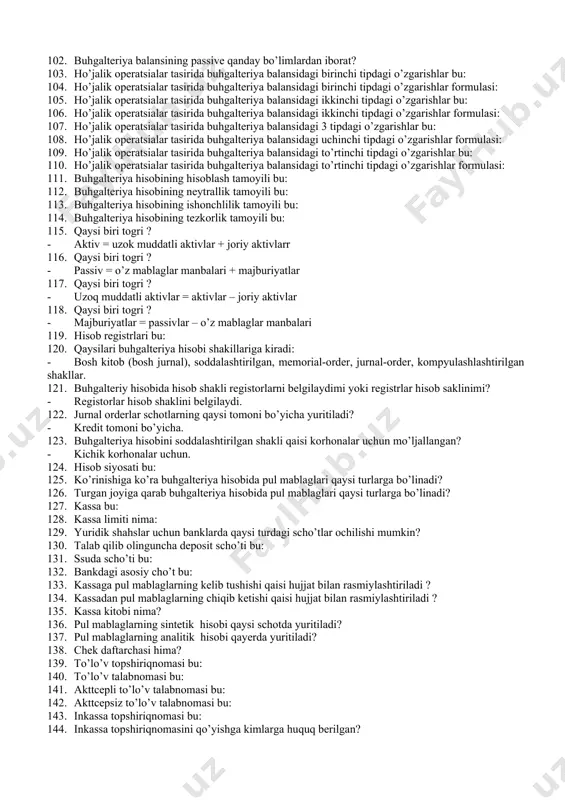 sch’otlar rejasi `’ollaniladi? 85. aktiv scho’tlar nima? 86. passiv scho’tlar nima? 87. kontrktiv scho’tlar nima? 88. kontrpassiv scho’tlarnima? 89. balans scho’tlari bu: 90. balansdan tashqari sh’otlar bu: 91. sintetik scho’tlar bu: 92. analitik scho’tlar bu: 93. scho’tni chap tomoni nima deb ataladi? 94. scho’tni ‘ong tomoni nima deb ataladi? 95. scho’tni debet oboroti bu: 96. scho’tni kredit oboroti bu: 97. ikki yoklama yozuv nima? 98. oddiy buhgalteriya o’tkazmasi bu: 99. murakkab buhgalteriya o’tkazmasi bu: 100. buhgalteriya balansi bu: 101. buhgalteriya balansining aktivi qanday bo’limlardan iborat? 102. buhgalteriya balansining passive qanday bo’limlardan iborat? 103. ho’jalik operatsialar tasirida buhgalteriya balansidagi birinchi tipdagi o’zgarishlar bu: 104. ho’jalik operatsialar tasirida buhgalteriya balansidagi birinchi tipdagi o’zgarishlar formulasi: 105. ho’jalik operatsialar tasirida buhgalteriya balansidagi ikkinchi tipdagi o’zgarishlar bu: 106. ho’jalik operatsialar tasirida buhgalteriya balansidagi ikkinchi tipdagi o’zgarishlar formulasi: 107. ho’jalik operatsialar tasirida buhgalteriya balansidagi 3 tipdagi o’zgarishlar bu: 108. ho’jalik operatsialar tasirida buhgalteriya balansidagi uchinchi tipdagi …