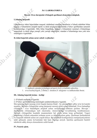 laboratoriya ovoz darajasini o'lchagich qurilmasi elementlari — DOCX