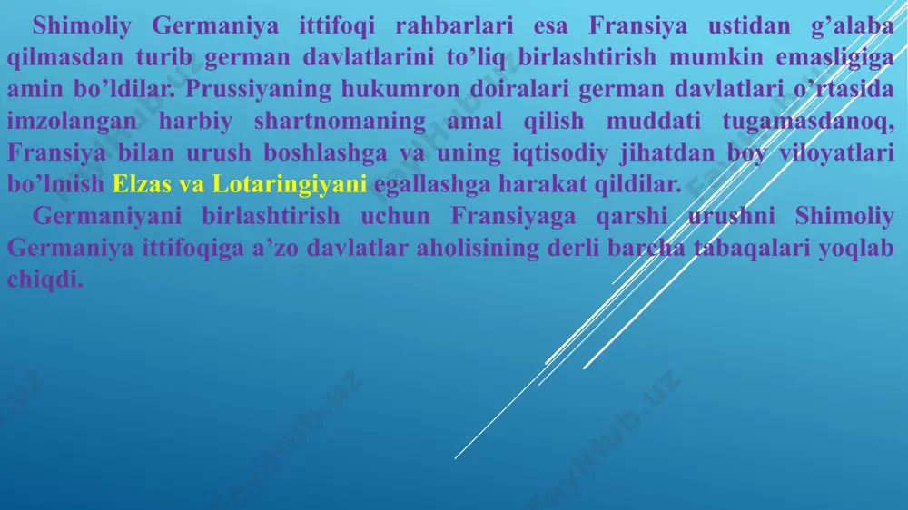 fransiya tomonidan xitoy, hindixitoy, suriya va yangi kaledoniyada olib borilayotgan urushlar anglo-fransuz munosabatlarini keskinlashtirgan edi. qrim urushida mag’lubiyatga uchragan rossiya ham fransiyaning ittifoqchisi bo’la olmas edi. italiya ham o’z navbatida papa viloyatining italiya qirolligi tarkibiga qo’shib olinishiga zo’r qarshilik ko’rsatib kelayotgan napoleon iii ni kechira olmas edi. avstriya esa 1867 yildayoq napoleon iii tomonidan prussiyaga qarshi ittifoqchilik qilish to’g’risidagi taklifga qo’shilishga jazm eta olmagan edi. urush german davlatlari uchun juda qulay diplomatik vaziyatda boshlandi. fransiya harbiy ministri levef napoleon iii ga fransiyaning urushga to’liq tayyor ekanligini ma’lum qildi. amalda esa fransiyada harbiy xarakatlarning aniq rejasi ham ishlab chiqilmagan, ko’plab harbiy inshoatlar qurib bitkazilmagan, harbiy safarbarlik ishlari chala tashkil qilingan, hatto chegaralarning haritalari ham yetishmas, ko’pgina soldat va ofiserlarga esa german davlatlari qo’shinidan farqli o’laroq urushdan ko’zlangan maqsad ham noma’lum edi. shunga qaramasdan, 1870 yil 19 iyulda fransiya prussiyaga qarshi urush e’lon qildi. german davlatlarining qo’shinlari 1870 yil iyun oyida ya’ni, …