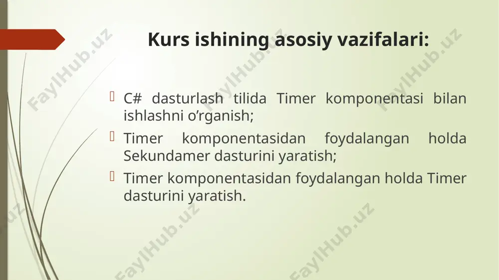 ugma bosilganda quyidagi kodni kiritamiz: m = 0; // minut 0 ga aylantiriladi s = 0; // sekund 0 ga aylantiriladi ms = 0; // millisekund 0 ga aylantiriladi label1.text = "00"; // minutni ifodalaydigan matnga 00 yoziladi label2.text = "00"; // sekundni ifodalaydigan matnga 00 yoziladi label3.visible = true;// minut va sekund orasidagi : belgisi ko’rinadi ikkinchi tugmaning vazifasi timer to’xtab turgan holatda uning ko’rsatkichlarini 00 holatga keltirib, sekundomerni boshidan ishga tushirish holatiga tayyorlaydi. timer komponentinining tick (chiqqilash) xususiyatiga kod kiritamiz. bunda timer komponenti kiritilgan buyruqlarni belgilangan interval oralig’ida qayta-qayta bajaradi. biz intervalni minut va sekundni ifodalaydigan raqamlar orasidagi (:) belgisiga bog’laymiz. ya’ni (:) belgisining har bir o’chib yonishi biz uchun timerning chiqqilashi sifatida qaraladi. agar (:) belgisi ko’rinib turgan (visible = true) bo’lsa quyidagi kodni kiritamiz: bunda iki xil holat bo’ladi: s 59. dastlab birinchi holatni ko’raylik. ya’ni s 59 bo’lgan hol uchun: else // s<59 bo’lmasa shu …