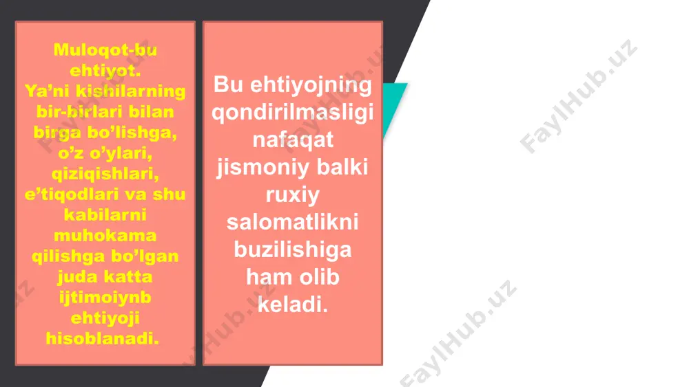 beradi gapiradigan odam to'g'ri tushunilganligini ko'ring. va agar bo'lmasa, u o'z vaqtida tuzatishlar kiritish imkoniyatiga ega. qayta so'zlashda xabarning ma'nosi va mazmuniga e'tibor qarating, u bilan birga kelgan his-tuyg'ularga emas. 30 ta’kidlab o‘tish lozimki, odamlarning amaliy faoliyatida muloqotning quyidagi turlarini ajratadilar: «niqoblar aloqasi» - suhbatdoshning shaxs xususiyatlarini tushunish va hisobga olishga intilish mavjud bo‘lmagan rasmiy muloqot bunda haqiqiy hissiyotlar, istaklar, munosabatlarni yashirish imkonini beruvchi rasmiy iboralar, odatiy xushmuomalalik, dimog‘dorlik niqoblari, yuz, imo-ishora ifodalarining to‘plami qo‘llaniladi. oddiy muloqotda boshqa odamga zarur yoki xalal beruvchi ob’ekt sifatida baho beradilar: agar zarur bo‘lsa, aloqaga faollik bilan kirishadilar, agar xalal beradigan bo‘lsa, – itarib yuboradilar, yoki tahdidli qo‘pol iboralarni qo‘llaydilar. rasmiy-rolli muloqot – bu sheriklarning ijtimoiy rollari darajasidagi muloqot (boshliq – qo‘l ostidagi xodim, sotuvchi – xaridor, servis xizmati xodimi – mijoz). bunda ma’lum qoidalar va xohishlar asosida ish yuritilib, muloqot mazmuni va vositalari ularga bo‘ysundirilgan. 31 dunyoviy muloqot – bu turning mohiyati biror …