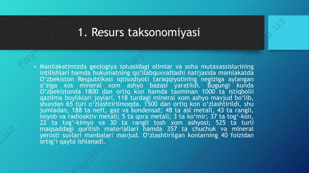 rda prognozlash va izlanishlarni kuchaytirish orqali volfram xom ashyo bazasini mustahkamlash mumkin. rudalarni qayta ishlab, 78 % litiy tuzi ajratib olish va bunga qo‘shimcha ravishda kaliy va natriy sulfatlari ishlab chiqarish hamda ishlab chiqarilgan sementni qoldiqlar bilan boyitish yo‘li orqali deyarli chiqitsiz texnologiya ishlab chiqilgan. “o‘zbekko‘mir” aj tomonidan yerosti va ochiq usullarda ko‘mir qazib olish mamlakatda o‘nlab temir ruda konlari topilgan. qoraqalpog‘iston gabbroidlaridagi tebirbuloq tit-anmagnetit koni uraldagi kachkanar koniga o‘xshash. uning zahirasi 68 mln. tonna metallga baholandi. foydali qazilmalar o‘zbekiston respublikasi izlab topilgan 2 milliard tonna ko‘mir zahiralariga ega. ko‘mir qazib olish va yetkazib berish ishlari bilan “ko‘mir” aksiyadorlik birlashmasi shug‘ullanadi. angren konida qo‘ng‘ir ko‘mir, sharg‘un va boysun konlarida toshko‘mir qazib olinadi. ko‘mir konlari korxonalar tomonidan turli usullarda: ochiq usulda, yerosti va yerustini gazlashtirish usuli bilan o‘zlashtirilmoqda. ko‘mir energetika maqsadlarida va 65 maishiy yoqilg‘i sifatida ishlatiladi. ko‘mirni qayta ishlashdan chiqqan chiqindi organik va mineral o‘g‘itlarga aylantiriladi. toshkent viloyatidagi zahirasi qariyb …