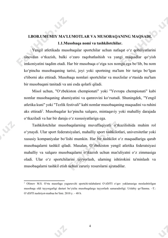 aqalar nomlari va tashkilotchilari sportning rivojlanishida muhim ahamiyatga ega. ular sportchilarning qiziqishini oshiradi, sportning ahamiyatini ta'kidlaydi va yangi avlod sportchilarini tayyorlashga yordam beradi. yengil atletikada musobaqalar sportni rivojlantirish, sportchilarning salohiyatini oshirish va jamoatchilikni sportga jalb qilishda muhim omil hisoblanadi. shunday qilib, musobaqa nomlari va tashkilotchilar yengil atletikada muvaffaqiyatli o‘tkaziladigan musobaqalarning ajralmas qismi hisoblanadi.yengil atletikada musobaqa nomi va tashkilotchilar mavzusi juda keng qamrovli bo‘lib, sport musobaqalarining tuzilishi, tashkiloti, maqsadlari va sportchilar uchun taqdim etiladigan imkoniyatlarni o‘z ichiga oladi. musobaqa nomi sportning o‘ziga xosligi va o‘tkazish joyi hamda maqsadiga bog‘liq holda aniqlanadi. shuningdek, musobaqani tashkil etadigan tashkilotlarning roli ham katta ahamiyatga ega. har bir musobaqaning o‘ziga xos nomi va tashkilotchilari bo‘lib, bu sportning qanday rivojlanishini, qaysi toifadagi sportchilarni jalb etishini va qanday qoidalarga amal qilish zarurligini belgilaydi. yengil atletika bo‘yicha musobaqalarni o‘tkazish uchun ko‘plab tashkilotlar va federatsiyalar mas’uldir. musobaqa nomi bu o‘ziga xos brendga aylanishi, musobaqaning darajasini va uning ahamiyatini belgilashda muhim …