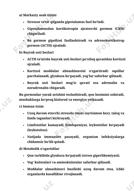 romiga ta’siri stress — bu organizmning ichki muvozanatini buzadigan, asab, endokrin va immun tizimlarni safarbar qiladigan fiziologik va psixologik holatdir. stress qisqa muddatda himoya vazifasini o‘taydi, ammo uzoq davom etsa, sog‘liq uchun xavf tug‘diradi. 1. stressning turlari a) o‘tkinchi (o‘tkir) stress · qisqa muddatli, kutilmagan vaziyatlarda paydo bo‘ladi (imtihon, musobaqa, xavfli holat). · yurak urishi tezlashadi, qon bosimi ko‘tariladi, adrenalin ajraladi. · tezda yo‘qoladi va odatda organizmga katta zarar yetkazmaydi. b) epizodik o‘tkir stress · o‘tkir stress tez-tez takrorlanib turadi. · odam doimiy shoshilish, tashvish, g‘azablanish holatida bo‘ladi. · yurak-qon tomir tizimiga katta yuklama beradi. c) surunkali stress · uzoq muddat davom etadi (ishdagi muammolar, oilaviy nizolar, moliyaviy qiyinchiliklar). · immunitet pasayadi, surunkali kasalliklar kuchayadi. · depressiya, uyqusizlik, yurak xastaligi, oshqozon yarasi kabi kasalliklarni keltirib chiqaradi. d) eustress va distress · eustress – ijobiy stress. masalan, musobaqa oldidan hayajon, yangi ish boshlash. motivatsiya va faoliyatni oshiradi. · distress – salbiy …