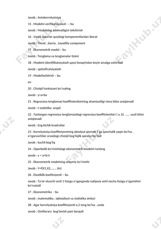 larining ahamiyatligi nima bilan aniqlanadi javob : t-statistika orqali 22 . tanlangan regressiya tenglamasidagi regressiya koeffitsientlari ( a, b) …… usuli bilan aniqlanadi javob : eng kichik kvadratlar 23 . korrelyatsiya koeffitsiyentning absolyut qiymati 1 ga qanchalik yaqin bo’lsa , o’zgaruvchilar orasidagi chiziqli bog’liqlik qanday bo’ladi javob : kuchli bog’liq 24 . giperbolik ko’rinishidagi ekonometrik modelni tanlang javob : y = a+b/x 25 . ekonometrik modelning umumiy ko’rinishi javob : y=f(x1,x2,……..xn) 26 . elastiklik koefitsiyenti – bu javob : ta’sir etuvchi omil 1 foizga o’zgarganda natijaviy omil necha foizga o’zgarishini ko’rsatadi 27 . ekonometrika - bu javob : matematika , iqtisodiyot va statistika sintezi 28 . agar korrelyatsiya koeffitsiyenti o,2 teng bo’lsa , unda javob : omillararo bog’lanish past darajali 29 . statik ma’lumotlar olinadi : javob : bir vaqtning o’zida bir nechta obyektlar uchun 30 . qo’llaniladigan omillar sonini ko’paytirish orqali ularning sifat o’zgarishi bilan ishlab chiqarilgan mahsulot hajmining …