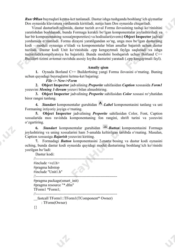 der6 muhitida dasturlashning ikki usulidan foydalanish mumkin: 1) oddiy konsol rejimida (file -> new -> other-> concole wizard buyruqlarini bosish bilan ishga tushadi). 2) vizual dasturlash rejimida. konsol rejimida dastur kodi kiritilgandan so‘ng, uni project ko‘rinishida saqlash lozim (.dpr kengaytmali fayl). dastur kompilyatsiya qilinadi, buning uchun [ctrl+f9] klavishalari yoki project compile project buyruqlari ketma-ket tanlanadi. bunda .exe kengaytmali fayl yaratiladi. so‘ngra dastur ishga tushiriladi, buning uchun [f9] yoki runrun buyruqlari ketma-ket tanlanadi. dastur ishga tushganda boshlang‘ich qiymatlar dos oynasida klaviatura yordamida kiritiladi, natija ham dos oynasida chiqariladi. vizual dasturlash rejimida, dastur tuzish avval forma ilovasining tashqi ko‘rinishini yaratishdan boshlanadi, bunda formaga kerakli bo‘lgan komponentalar joylashtiriladi va har bir komponentaning xossa(preporeties) va hodisalari(events) object inspector jadvali yordamida o‘rnatiladi. forma dizayni yaratilgandan so‘ng, unga mos bo‘lgan dasturning kodi – moduli oynasiga o‘tiladi va komponentalar bilan amallar bajarish uchun dastur tuziladi. dastur kodi unit ko‘rinishida .cpp kengaytmali faylga saqlanadi va ishga tushiriladi(kompilyatsiya ba …