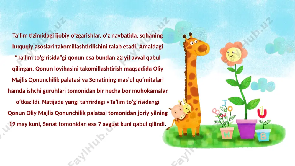 b mutaxassislarning, millionlab ota-onalarning huquqiy maqomiga, ularning ijtimoiy muhofazasiga doir jihatlarga, ayni vaqtda majburiyatlariga oydinlik kiritilmoqda. shuningdek, qonun endilikda ta’limning nodavlat shaklini rivojlantirishga, jamiyatimizda intelektual mulk salohiyatidan samarali foydalanish, ilm-ma’rifatga doir ish joylari kengayishiga imkon beradi. majlisda senatorlar yangi tahrirdagi qonun ko‘plab hamyurtlarimizning oliy ta’lim, xorijda olingan ta’lim bo‘yicha diplomlarni tan olish, ta’lim oluvchilar uchun vaqtincha yashash joylarini kafolatlash, masofaviy ta’lim, oilaviy ta’lim, inklyuziv ta’lim singari o‘z savollariga yechim topishga qiynalayotgan masalalarga huquqiy oydinlik kiritilgani bilan ahamiyatli bo‘lishini ta’kidladi. "ta'lim to'g'risida" gi qonun 11 bob 75 moddadan iborat 1-bob.umumiy qoidalar 1-modda.ushbu qonunning maqsadi 2-modda.ta'lim to'g'risidagi qonunchilik 3-modda.asosiy tushunchalar 4-modda.ta'lim sohasidagi asosiy prinsiplar 5-modda.ta'lim olish huquqi 2-bob.ta'lim tizimi turları va shakllari 6-modda.ta'lim tizimi 7-modda.ta'lim turlari 02 03 04 05 01 4-bob. ta'limi faoliyatini taahkil etish va uni g nazoratini amalga oshirish 3-bob. ta'limi tizimini boshqarish 6-bob. ta'limi oluvchilarning, ular ota-onasining hamda boshqa qonuniy vakillarining huquq va majburiyatlari 7-bob. ta'lim -tarbiya jarayoni …