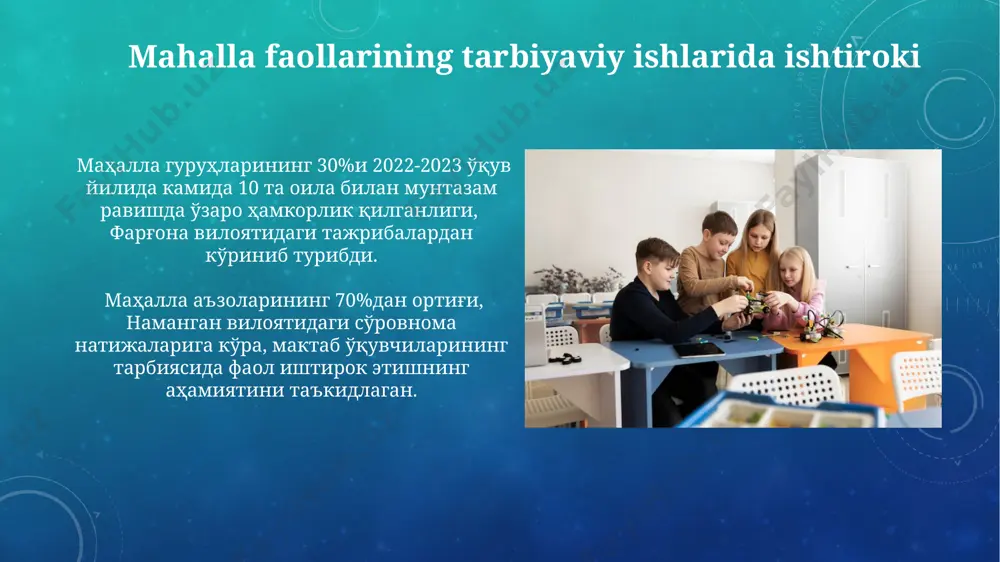 , toshkent shahri tajribasidan kelib chiqib, o'smirlar bilan muloqot madaniyatini yaxshilashga qodir. andijon viloyatining 3 ta mahalla hududida amalga oshirilgan loyiha natijasida, o'quvchilarning darslarga muntazam qatnashishi 15% ga oshdi, bu mahalla qo'mitalari ishtirokidagi o'quv ishlari natijasidir. yosh avlodni ma'naviy-axloqiy tarbiyalashning zamonaviy usullari o‘zbekistonning turli hududlarida, jumladan, andijonda qo‘llaniladigan "mentorlik" dasturi, 10-15 yoshli o‘smirlar uchun murabbiylarni jalb qilish orqali ularning ma’naviy-axloqiy kamol topishiga yordam bermoqda. zamonaviy pedagogik texnologiyalar, masalan, 5e modeli (jalb qilish, tushuntirish, tushunish, qo‘llash, baholash) yordamida toshkentdagi maktablarda o‘quvchilarning axloqiy-ma’naviy qarashlarini shakllantirish samarali natijalar bermoqda. hamkorlikning natijalari va istiqbollari farg'ona vodiysidagi 10 ta mahallada qo'llanilgan yangi yondashuvlar natijasida, oilaviy zo'ravonlik holatlari 8% ga kamayib, oilaviy ta'lim samaradorligi esa 18% ga oshdi. toshkent shahridagi 3 ta maktabda amalga oshirilgan innovatsion hamkorlik modeli, o'quvchilarning ijtimoiy moslashuvchanligini 20% ga yaxshilashga va ularning sog'lom turmush tarzini o'rganish darajasini 12% ga oshirishga yordam berdi. oila va mahalla o'rtasidagi hamkorlikning muhim jihatlari samarqand viloyati mahalla …