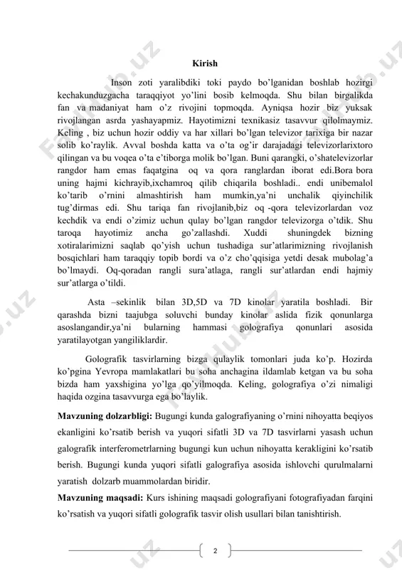or berilmadi. buning aspsiy sababi qizigan manbalar chiqaradigan yorug’lik to’lqinlari yodamida keskin interferensiya manzarasi hosil qilish-ning imkoni bo’lmaganligidadir. ammo yuqori darajadagi monoxromatik nurlar — lazer nurlari paydo bo’lganidan so’ng bu usulning amalda qo’llanishida keskin burilish ro’y berdi. endi golografiyaning asosi bilan tanishishga o’taylik. xo’sh, jism to’g’risidagi malumot (uning tasviri) qanday qilib qayd etiladi va qanday qilib tiklanadi? buning uchun jismdan chiqayotgan to’lqin amplitudasi va fazasini qayd qilish va qayta tiklash zarur. bu esa amalda mumkin. chunki interferensiyada, intensivlikning taqsimoti interferensiyaga kiruvchi to’lqinlarning ham amplitudalariga, ham fazalariga bog’liq. shuning uchun ham faza, ham amplituda haqidagi ma'lu-motlarni qayd qilish uchun jismdan chiquvchi to’lqindan (jism to’lqini) tashqari, yorug’lik manbayidan boruvchi, unga kogerent bo’lgan to’lqindan ham (tayanch to’lqini) foydalaniladi. golografiyaning asosiy g’oyasiga muvofiq, jism va tayanch to’lqinlari hosil qiladigan interferension manzaradagi intensivliklar taqsimoti rasmga tushirib olinadi. so’ngra, fotoplastinkada qayd qilingan qoraygan taqsimotlar yorug’lik difraksiyasi yordamida qayta tiklanib, jism bo’lmasa ham, uni o’rganish imkoniyati vujudga …