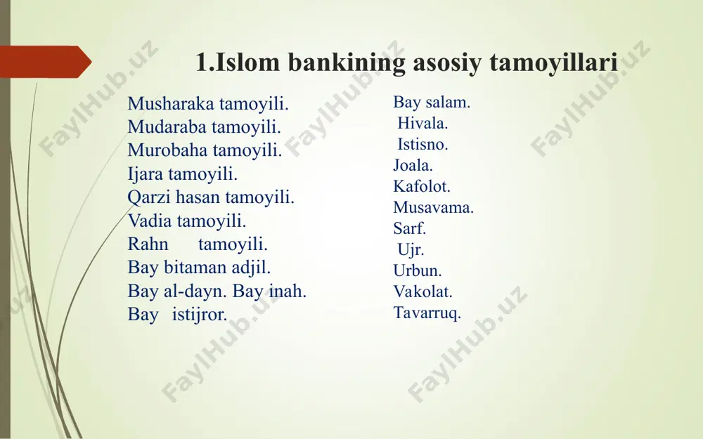 i yuritish uchun ishonchli shaxsga (tadbirkorga, biznesmenga) beradi. investor biznes yuritish jarayoniga aralashmaydi va kelishilgan muddat yakunida tadbirkor investorga asosiy quyilma miqdorini va uning foydadan ulushini qaytaradi. agar zarar ko‘riladigan bo‘lsa, fors-major va muzoribga bog‘liq bo‘lmagan boshqa holatlardan tashqari holatlarda investor barcha “zarba”ni o‘ziga oladi. muzorib o‘z navbatida faqat vaqt va mehnatini behuda yo‘qotadi. bu tamoyil arablarda islomdan oldingi davrlarda ham, hozirda ham keng tarqalgan. mashhur islom fiqhshunosi imom saraxsiy o‘zining “al-mabsut” kitobida muzoraba atamasi va uning kelib chiqishi haqida o‘z tavsiflarini bayon qilgan. uning so‘zlariga ko‘ra “muzoraba” so‘zi “zarb” so‘zidan kelib chiqqan bo‘lib, yerga ishlov berish ma’nosini anglatadi. imom saraxsiyning fikricha, bu o‘zakning muzoraba so‘ziga aylanishi muzorib (birovning kapitalini (mablag‘ini) ishlatuvchi) o‘zining og‘ir mehnati va sa’y-harakatlari evaziga foydadan ulush olish huquqiga ega bo‘la olishini bayon etadi. madinalik kishilar bunday shartnomani muqoroza deb atashgan. muqoroza qarz so‘zidan kelib chiqadi va berish ma’nosini anglatadi. bu holatda kapital egasi mablag‘ini yoki undan …