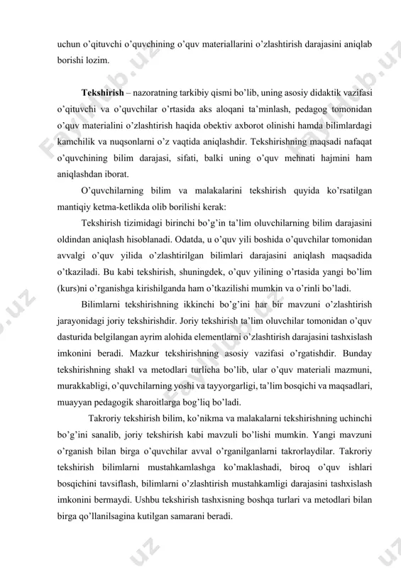 bo’ladi. bunda o’quvchilar ishining ham sifat, ham miqdor ko’rsatkichlari hisobga olinadi. o’qituvchi o’qitish bilan bir vaqtda o’quvchilarning o’rganilayotgan mavzuni qanday qilib idrok etishini, esda saqlashga harakat qilishini va uni amalda qo’llash malakalarini egallashini hisobga olib borishi kerak. hisobga olish natijasida o’qituvchi ham, o’quvchi ham o’zlarining keyingi bajaradigan ishlarining shaklini va mazmunini belgilaydi. o’zlashtirishni hisobga olish o’quvchilarning bilish faoliyatini rag’batlantirib, ma’lum bir harakatlarni bajarish uchun uning irodasini tarbiyalaydi. shuningdek, o’zlashtirishni hisobga olish o’qituvchining faoliyatini ham tashkil etadi. o’qitish metodlari va shakllarining tabora takomillashuvi natijasida baho o’qituvchining pedagogik mahorati ko’rsatkichiga aylanmoqda va o’qituvchining o’z malakasini oshirib borishida muhim ahamiyatga ega bo’lmoqda. nazorat qilish vazifasi o’quvchilarning bilim, ko’nikma va malakalari darajasini aniqlash va baholashdan iborat. bu o’quv materiallarini o’rganishning keyingi bosqichiga o’tish imkoniyatlarini aniqlashtiradi hamda o’qituvchining o’quv metodlarini va usullarini to’g’ri tanlaganini nazorat qiladi. nazorat qilish vazifasi o’quv materiallarini o’rganishning maqbul yo’llarini topish bilan bog’liqdir. o’qitish vazifasi o’quvchilarning bilimini tekshirishda aniq ko’rinadi. yangi …