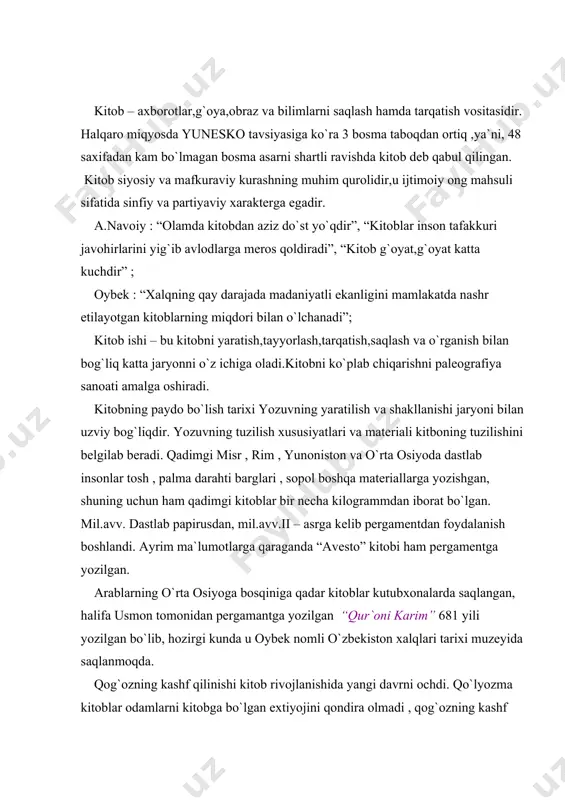 kashf qilinishi kitobning ko`payishiga, tarqalishiga, turli rasmlar, xoshiyalar bilan kitob chiqarish imkonini berdi, hattotlik, muqavasozlik kasblari shakllandi. xv – asrning 40 – yillarida germaniyalik iogann gutenberg zomonaviy kitob bosish san`atini ixtiro qildi, u dastlab yog`ochdan keyinchalik metaldan harakatlanadigan harflarni tayyorlab, qog`ozning ikki tomoniga kitob bosishni kashf qildi. 1465 yili italiyada, 1468 yili chexoslavakiya va shveytsariyada, 1470 yili frantsiyada, 1473 yili polsha va vengriyada, 1477 yili angliyada kitob bosish keng tarqaldi. xviii – xix asrlarda bosmaxona, badiiy bezak sohalari alohida kasb sifatida shakllandi. 1798 yilda litografiya, ya`ni, toshbosma ixtiro qilindi, endi kitoblarni rasmli hamda turli bezakli qilishi mkoniyati yaratildi. pergament – maxsus ishlov berilgan mol teri bo`lib, qadimda xat yozish uchun ishlatilgan, birinchi bo`lib pergam shahrida (kichik osiyodagi qadimiy shahar - pergam shahri nomidan olingan bo`lib, hozirgi kunda bergama nomi bilan ataladi) xat yozishda papirus o`rniga pergamentdan foydalanilgan. pergam shahri kutubxonasida pergament qo`lyozma kitoblar ko`pligi jihatidan misr (uzoq aleksandriya) kutubxonasidan keyingi …