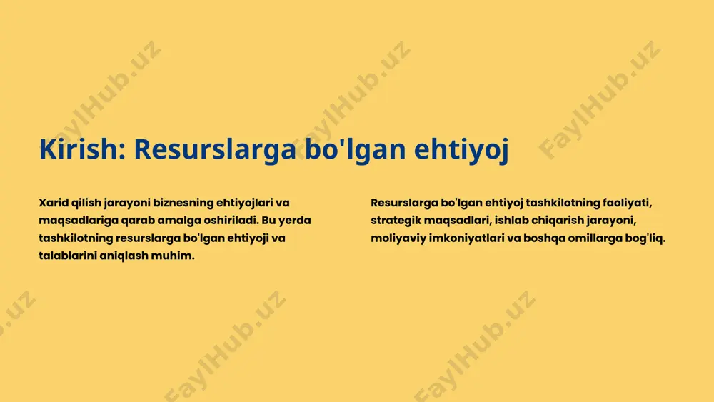 i beriladi. 3 elektron xarid qilish bu usulda onlayn platformalar orqali xaridlar amalga oshiriladi, bu jarayonni tezlashtiradi va xarajatlarni kamaytiradi. to'g'ridan-to'g'ri xarid qilish kelishuv etkazib beruvchi bilan bevosita muzokara qilish va shartnoma shartlarini muhokama qilish. shartnoma xarid qilinadigan tovarlar yoki xizmatlarni aniqlaydigan va tomonlarning majburiyatlarini belgilaydigan rasmiy shartnoma tuzish. to'lov to'lovlar shartnomada kelishilgan tartibda amalga oshiriladi. tender asosida xarid qilish takliflarni taqdim etish etkazib beruvchilarga takliflar taqdim etish uchun tender e'lon qilinadi. takliflarni baholash takliflar belgilangan meyorlarga muvofiq baholanadi. g'olibni tanlash eng yaxshi taklifni taqdim etgan etkazib beruvchi g'olib deb tan olinadi. elektron xarid qilish platformalaridan foydalanish 1 ro'yxatdan o'tish platformaga ro'yxatdan o'tish va hisob yaratish. 2 tovarlarni tanlash kerakli tovarlarni yoki xizmatlarni tanlash va savatga qo'shish. 3 to'lovni amalga oshirish to'lovni onlayn tarzda amalga oshirish. xarid qilish jarayonini soddalashtirilgan shakli 1 talablarni belgilash xarid qilishning aniq talablarini belgilash. 2 etkazib beruvchilarni tanlash potensial etkazib beruvchilarni aniqlash. 3 muzokara va …