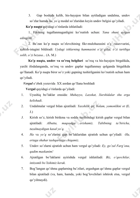 i so’zdan oldin: hayo, odob, insof, diyonat- bular inson siyratini bezaydigan fazilatlardir 3. kirish gap bilan gap bo’laklari o’rtasida: muhayyo va lazokat ikkovlari-o’shanda hali tong yorishmagan edi- paxtazor tomon ketishdi. 4. muallif gapi bilan ko’chirma gap orasida. 5. dialog tipidagi ko’chirma gaplarda. 6. kutilmagan voqea-hodisalarni ifodalagan gaplardan oldin: men darrov idoraga yugurdim-yo’qsiz. (o) 7. zid ma’noli gaplar orasida: jismimiz yo’qolur-o’chmas nomimiz. (g’.g’) 8. ajratilgan bo’lak bilan izohlanmish bo’lak orasida: otam-ne’mat anorboev, shu jamoaning faol a’zosi edi. ikki nuqta quyidagi o’rinlarda ishlatiladi: 1. uyushiq bo’laklardan oldin kelgan umumlashtiruvchi so’zdan keyin: daraxtda barcha sayroqi qushlar: sa’va, mayna, bulbul jamlangan edi. 2. bir gap ikkinchi bir gapdan anglashilgan ish-harakatning sababini ko’rsatsa: tuni bilan uxlay olmadim: singan qo’lim bezovta qildi. 3. bir gap ikkinchi bir gapdan anglashilgan ish-harakatning natijasini ko’rsatsa: xonanda bor mahorati bilan kuyladi: o’tirganlarning ko’zida yosh qalqdi. 4. bir gap boshqa bir gapning mazmunini to’ldirsa yoki izohlasa: onam aytar: zerikmay, bolam, to’yga …